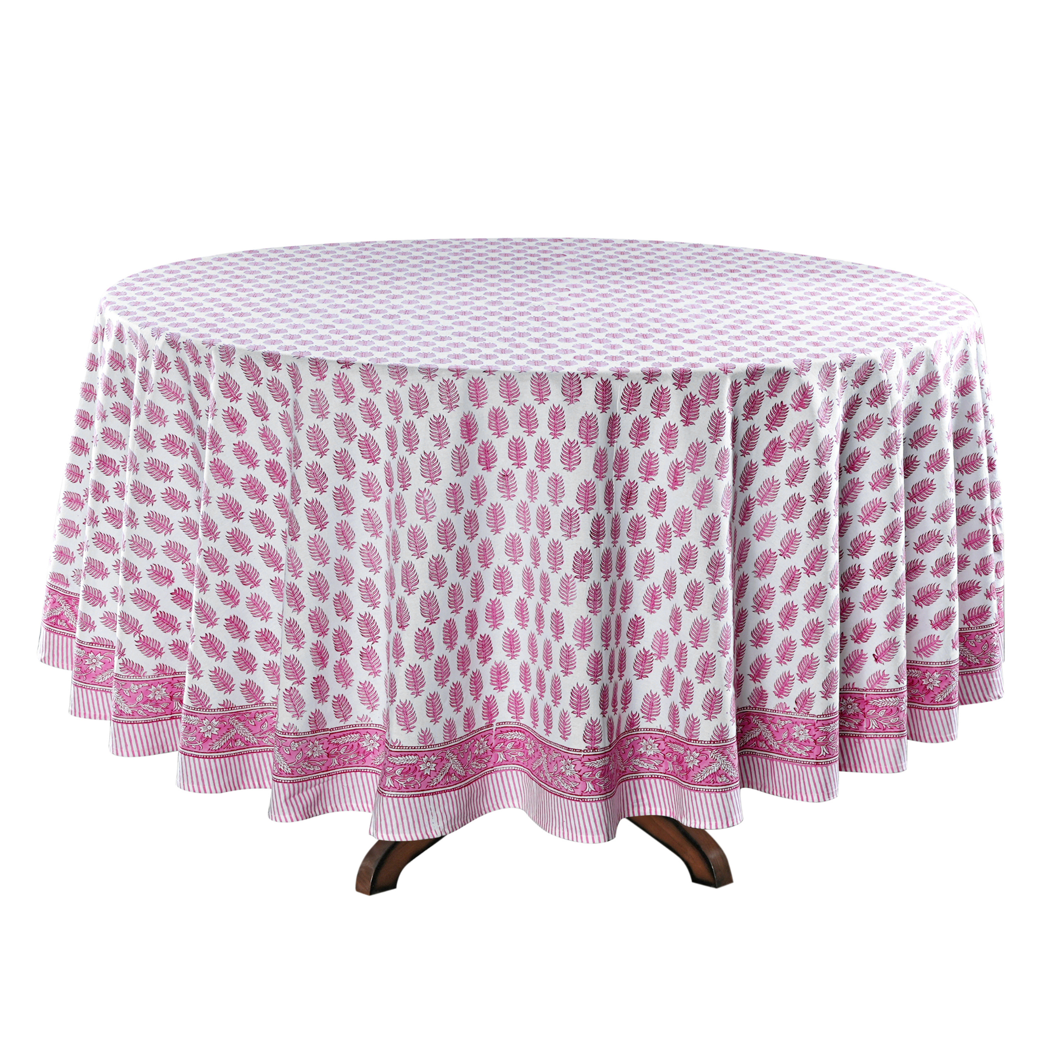Round tablecloth with pink floral pattern on a white background