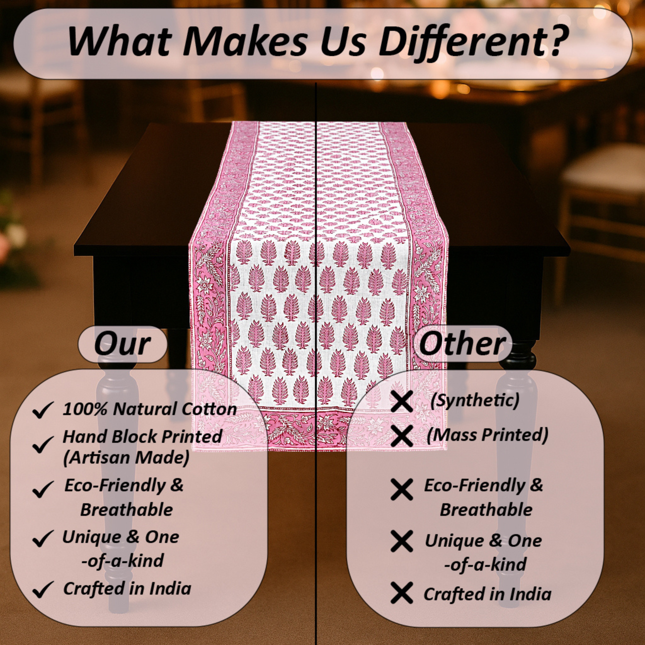 Table runner with text comparing natural cotton and synthetic materials