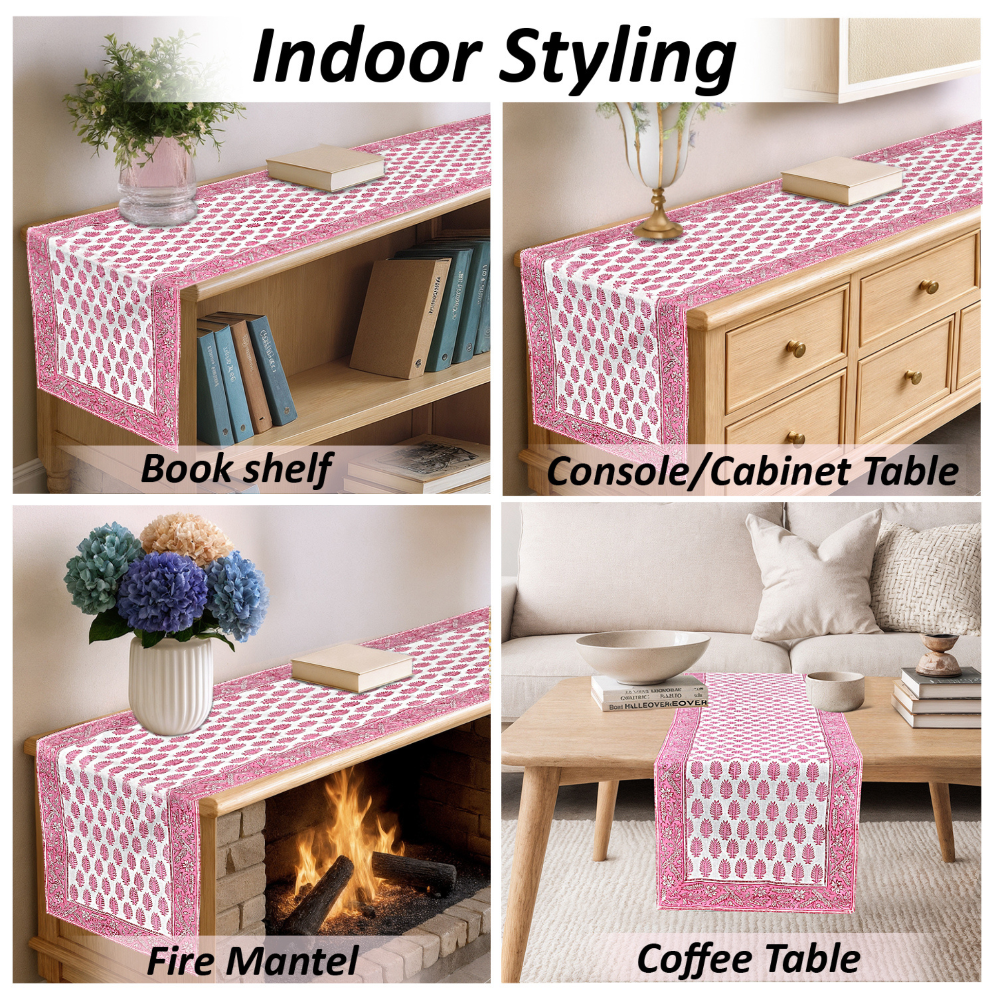 Pink patterned table runner displayed on various furniture items with text 'Indoor Styling'.