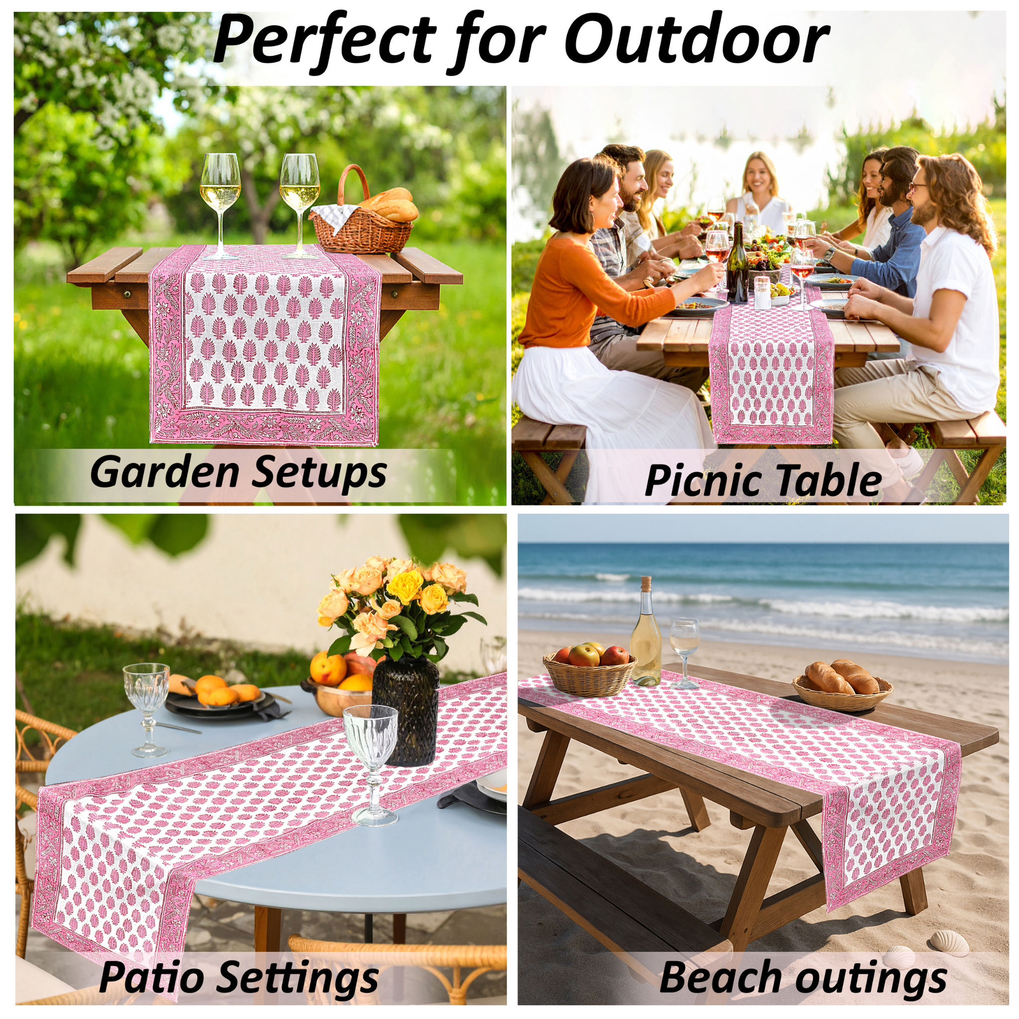 Collage of pink table runner used in various outdoor settings including garden, picnic, patio, and beach.