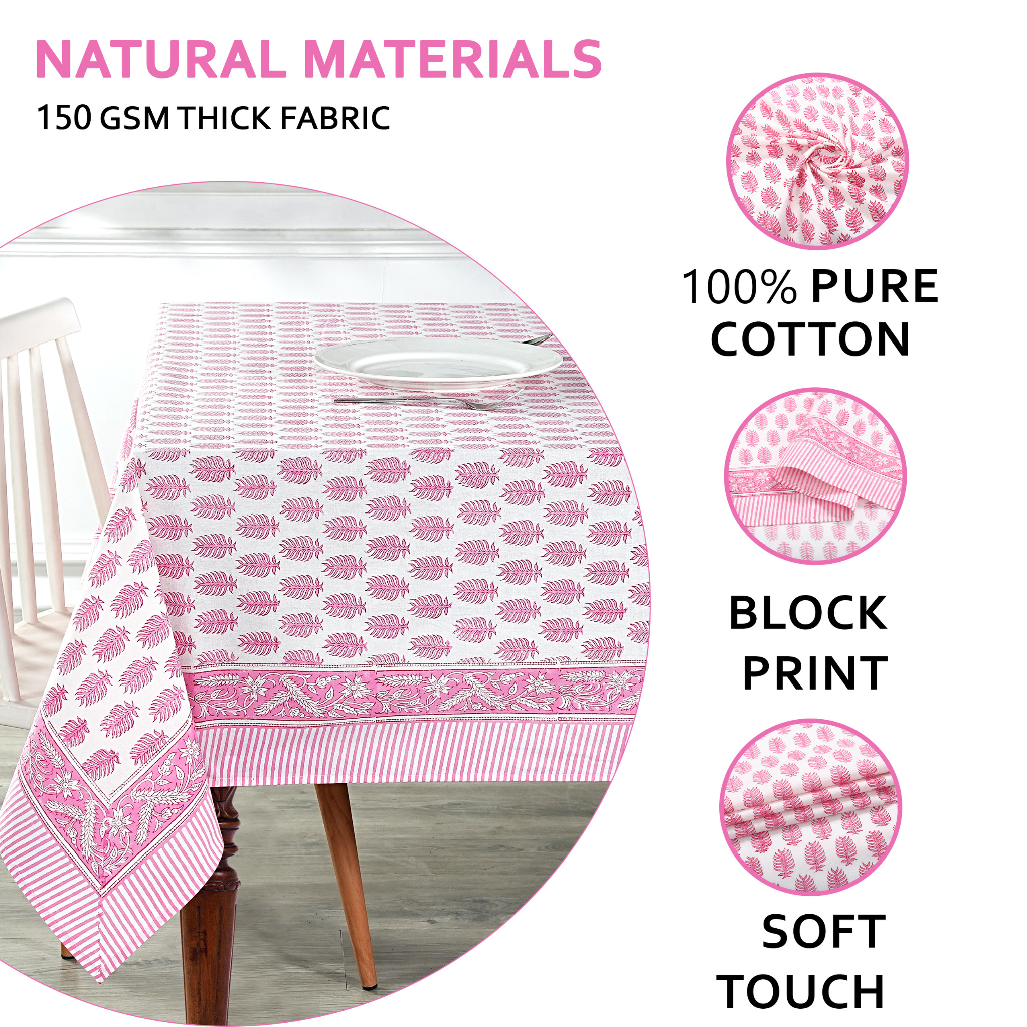 Pink and white patterned tablecloth on a table with text highlighting natural materials and fabric details.