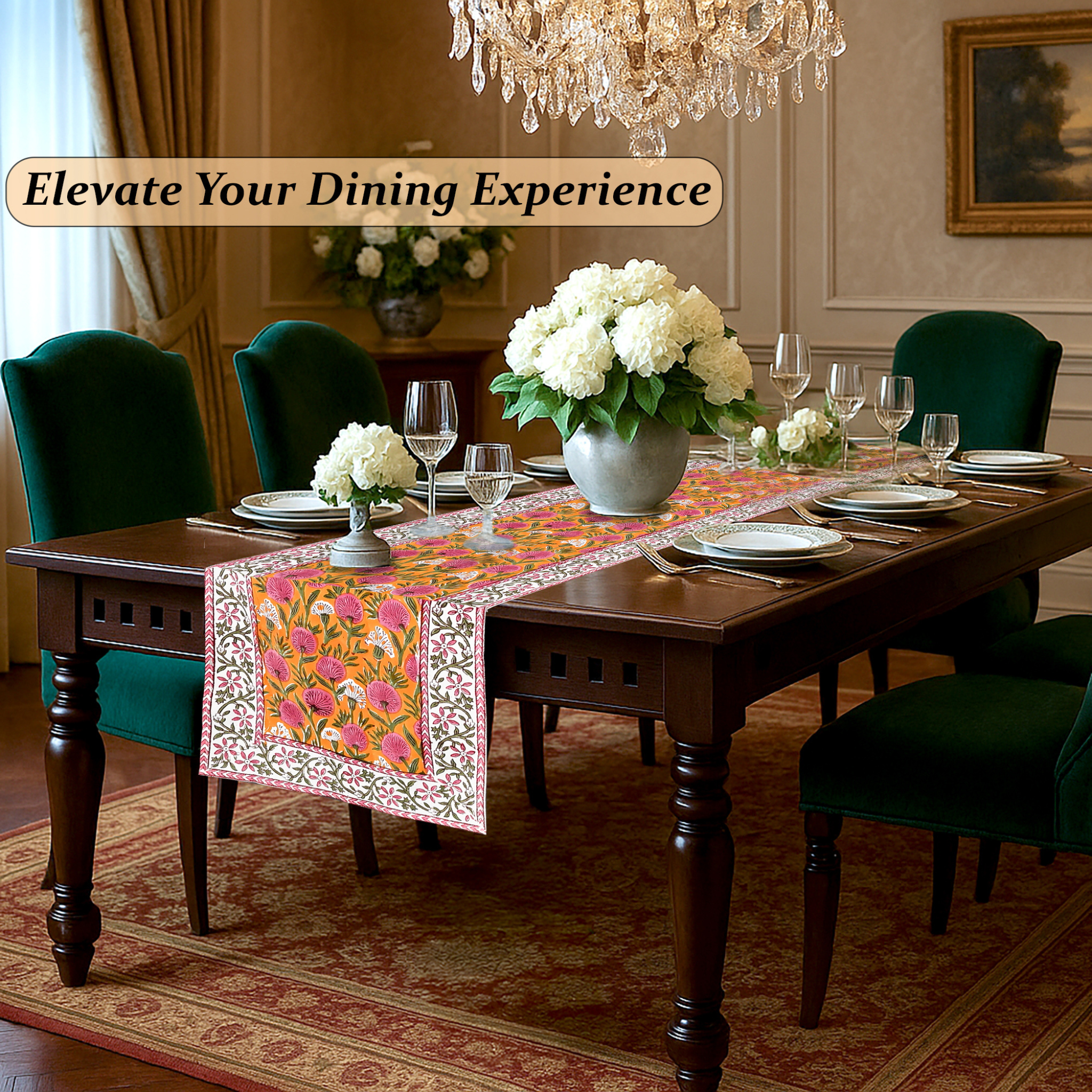 Dining room with a table set for dinner, floral centerpiece, and decorative elements.