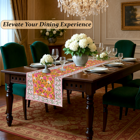 Dining room with a table set for dinner, floral centerpiece, and decorative elements.