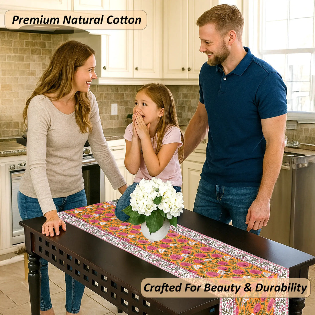 Family in a kitchen with a table runner featuring premium natural cotton.