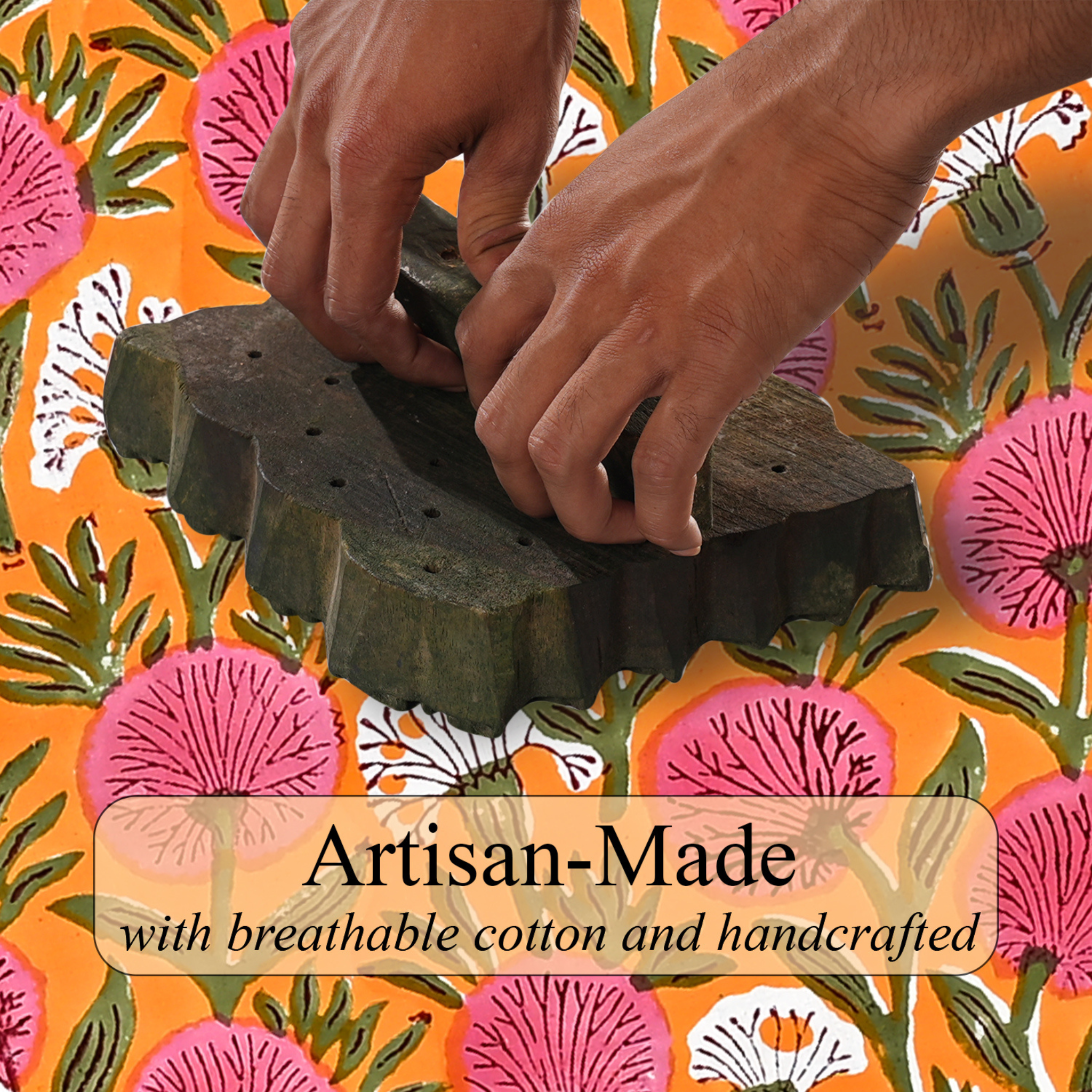 Hands working with a green textile on an orange background with floral patterns and 'Artisan-Made' text.