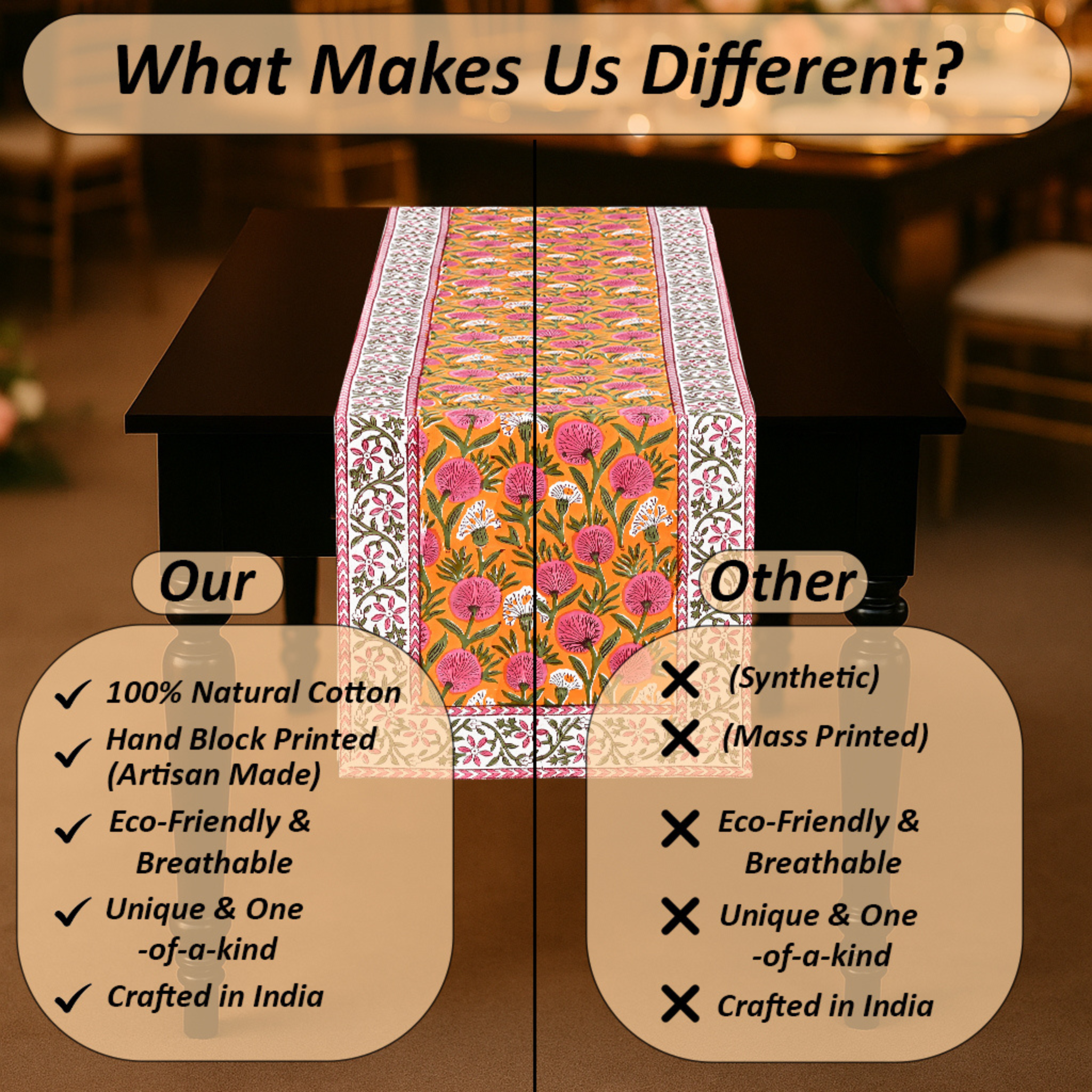 Table runner with floral design on a table, comparing 'Our' product to 'Other' products.