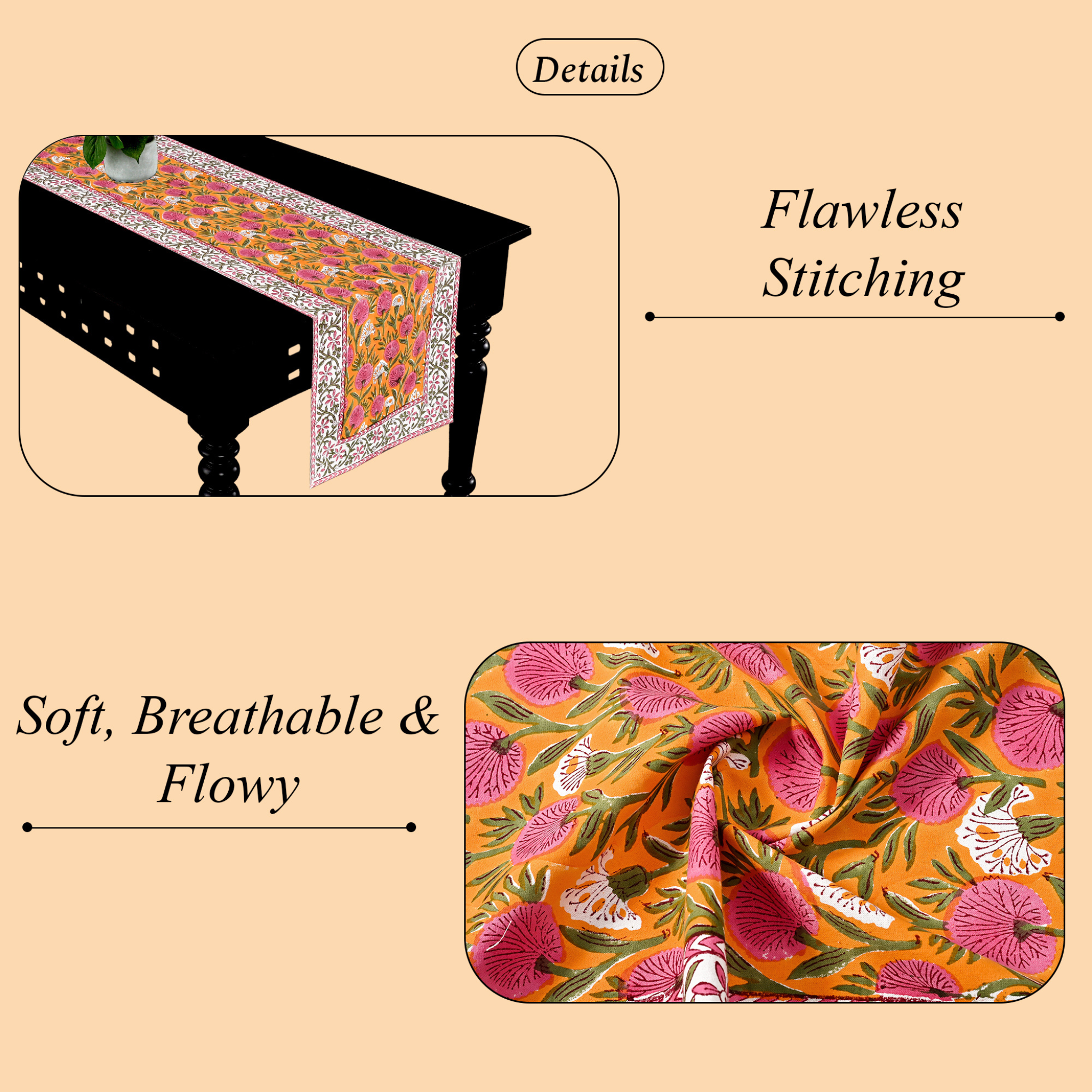 Floral patterned table runner on a table with text highlighting 'Flawless Stitching' and 'Soft, Breathable & Flowy'.