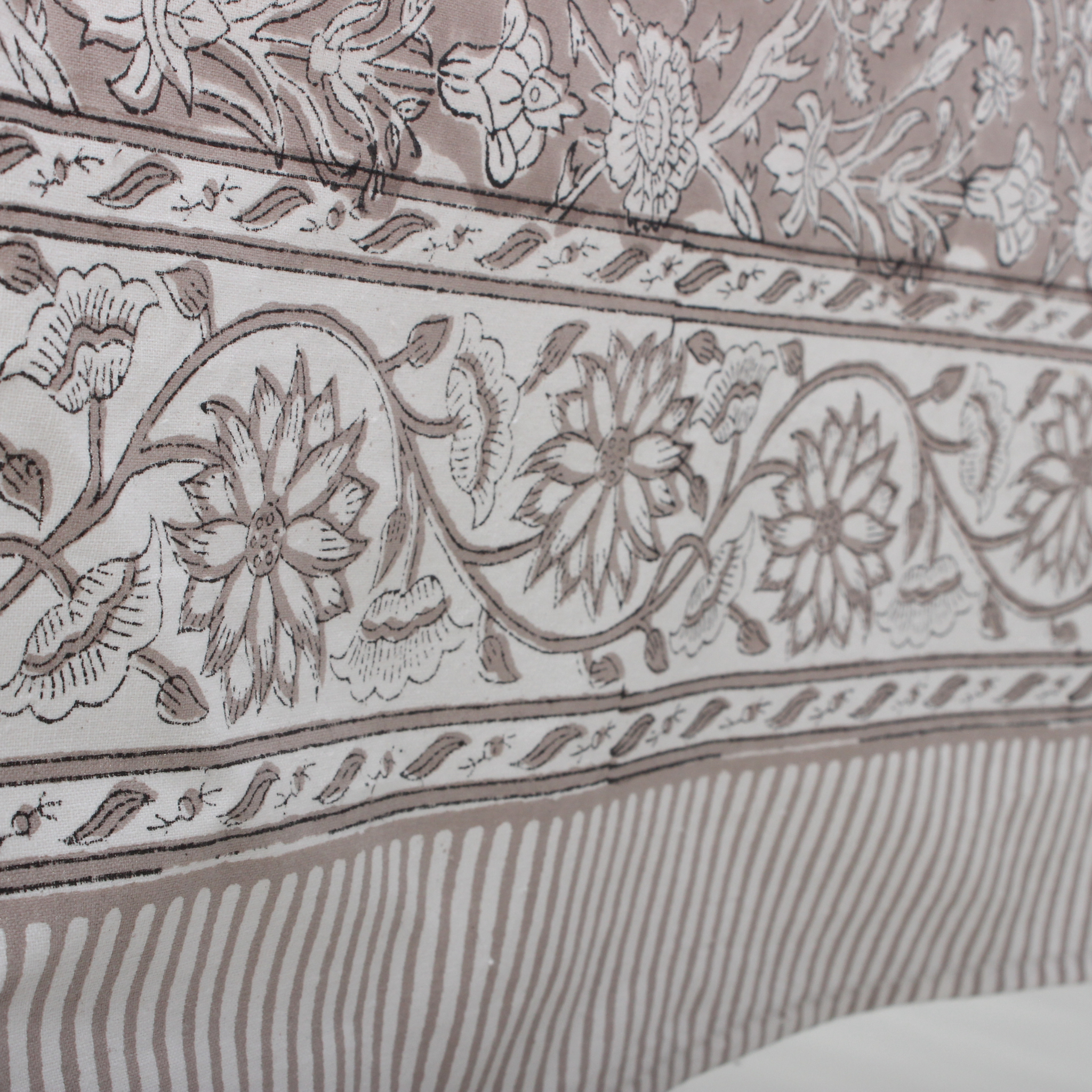 Close-up of a fabric with intricate floral and geometric patterns.