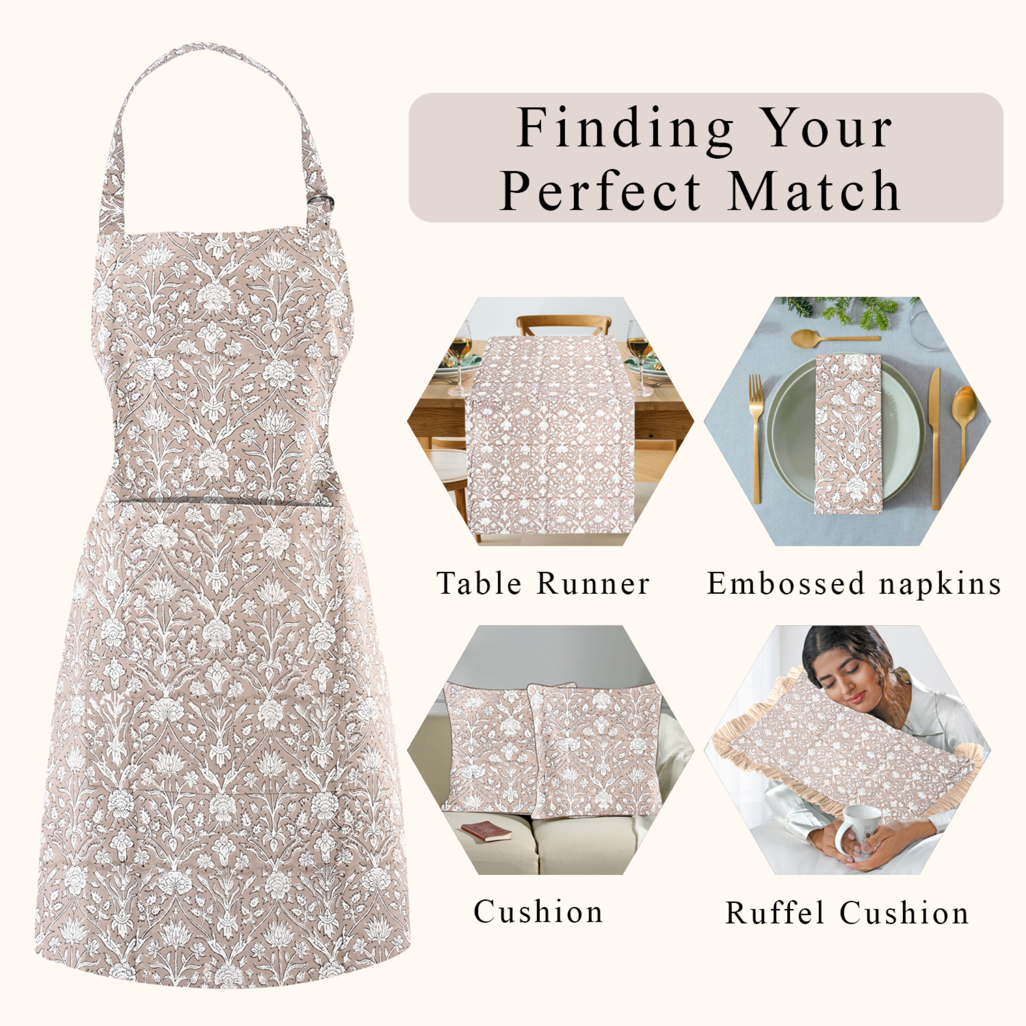 Product display with a dress and matching tableware on a white background