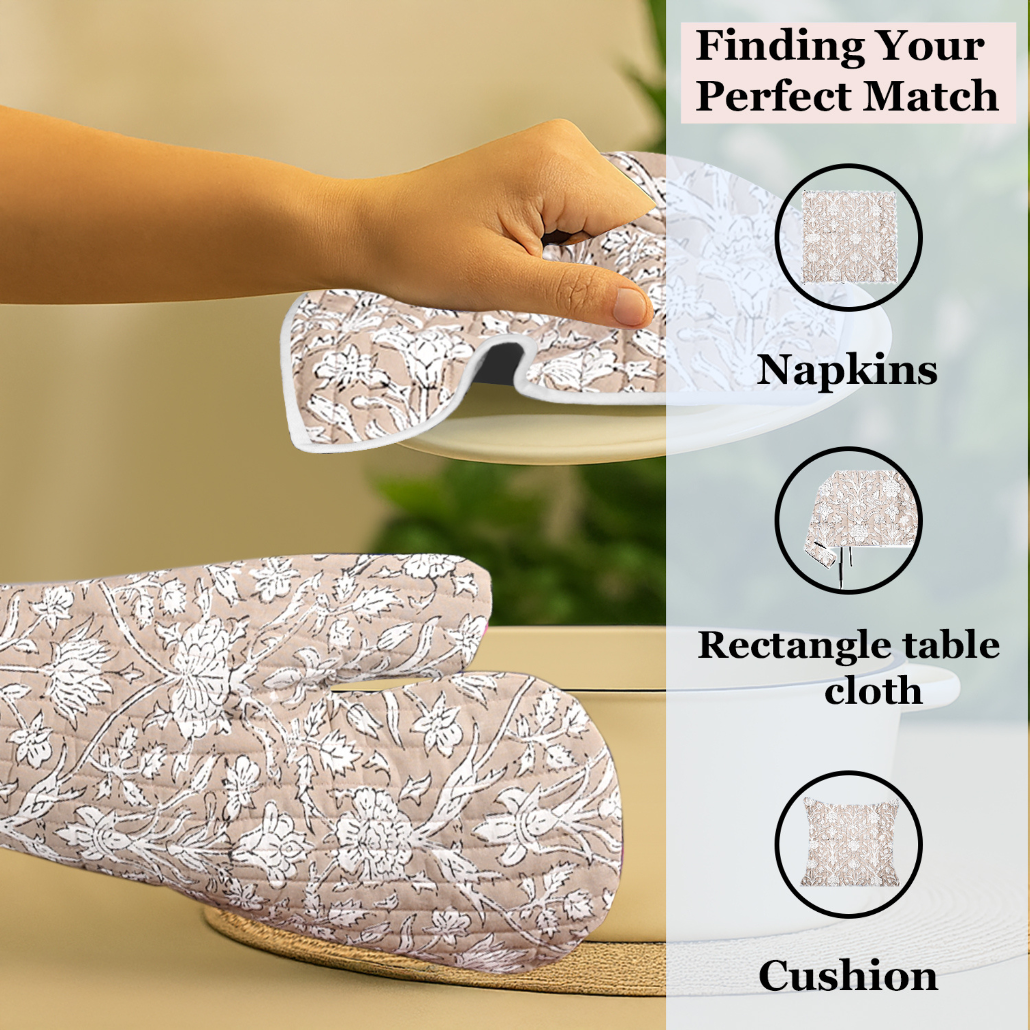 Lace tablecloth with matching napkins, rectangle tablecloth, and cushion on a neutral background.