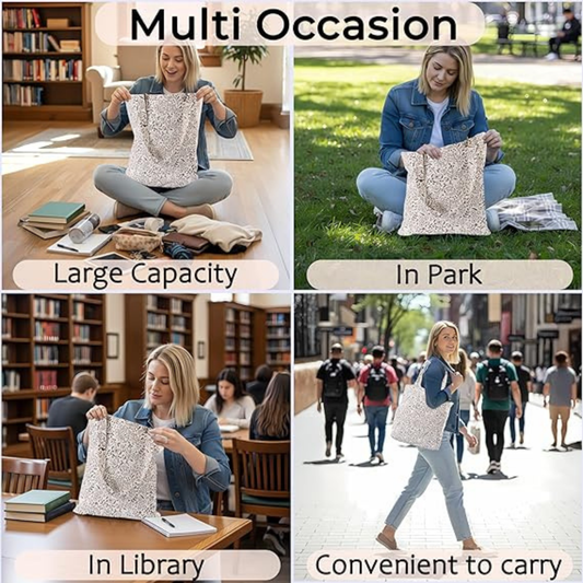 Woman using a large capacity bag in various settings including a library, park, and classroom.