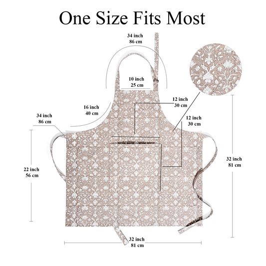 Floral apron with measurements on a white background