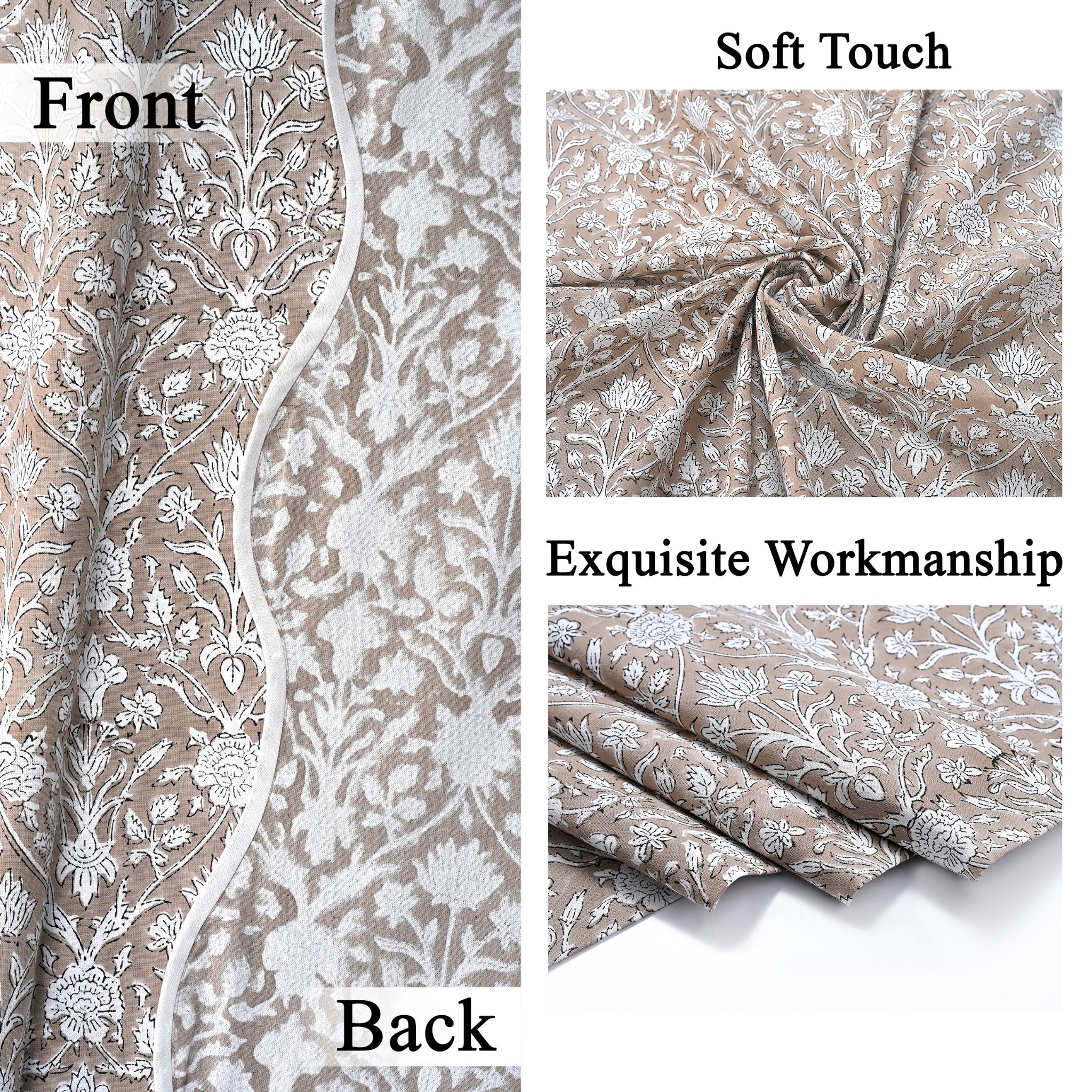 Fabric with floral pattern showing front and back views, soft touch, and exquisite workmanship.
