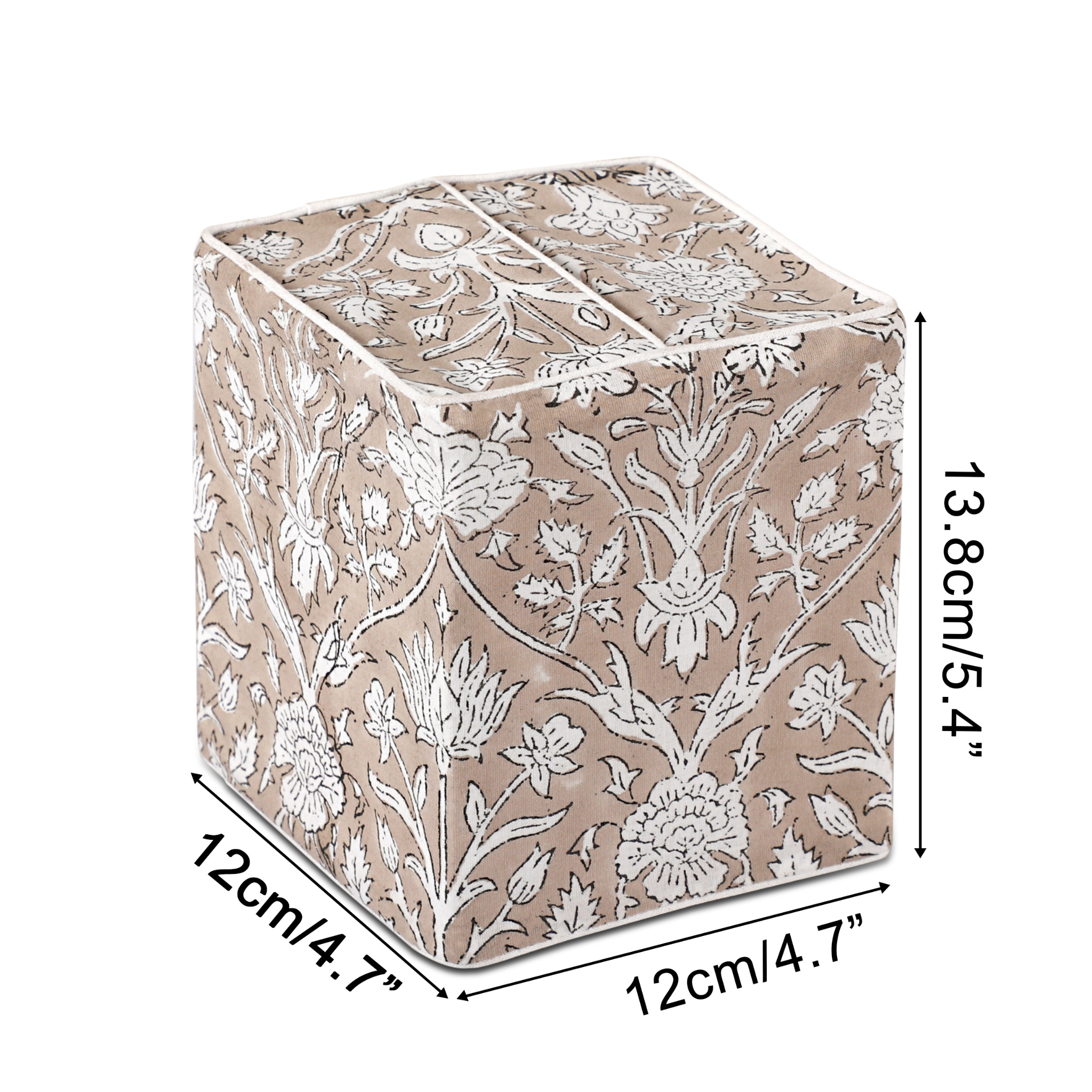 Cube-shaped ottoman with floral pattern and dimensions on a white background