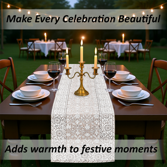Dining table set for a celebration with candles and wine glasses, text overlay about making celebrations beautiful.