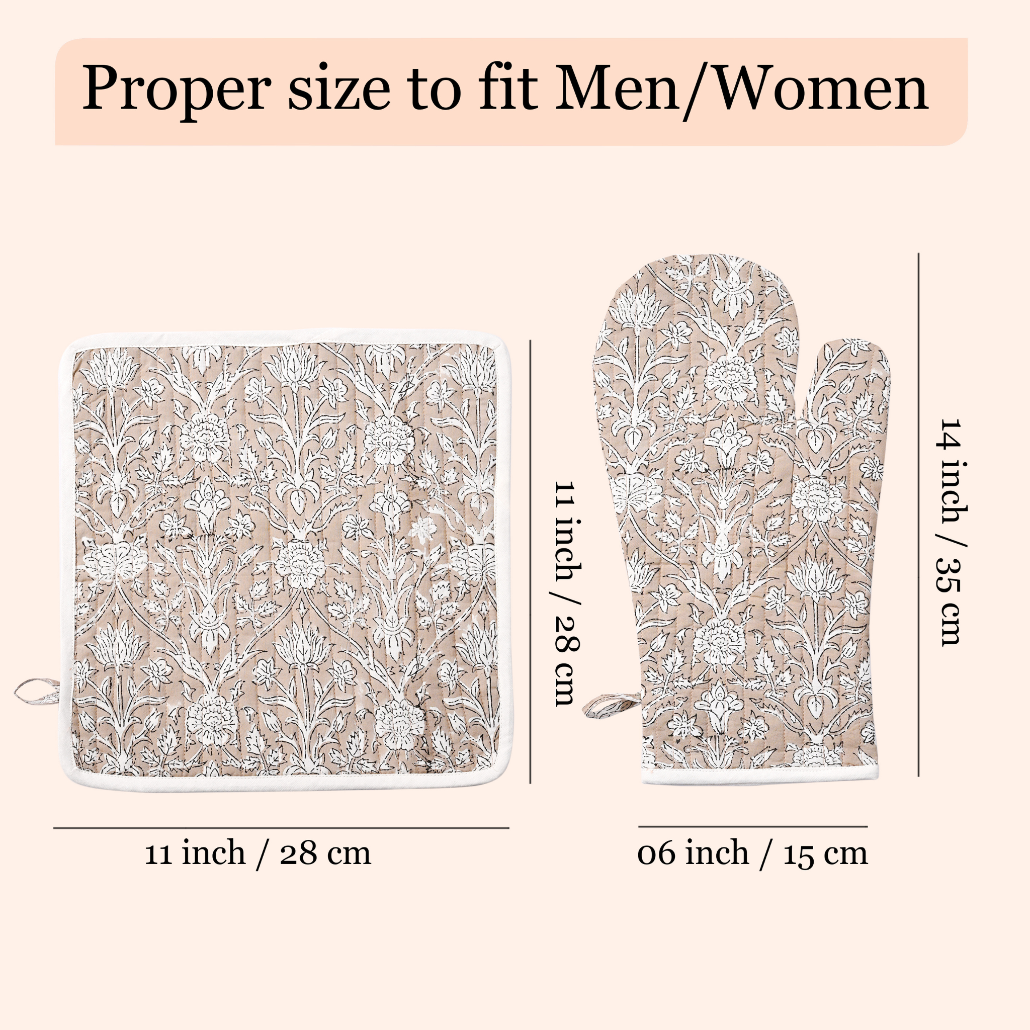 Floral patterned pot holder and oven mitt with measurements on a beige background
