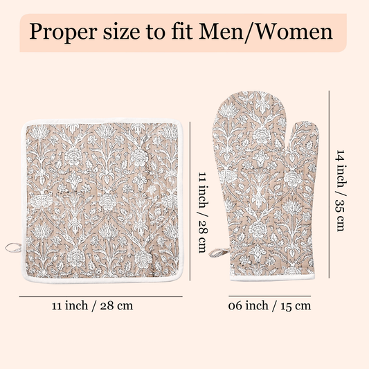 Floral patterned pot holder and oven mitt with measurements on a beige background