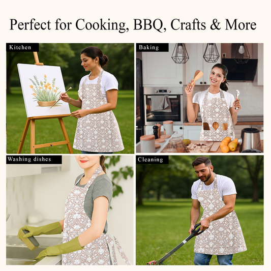 Collage of people wearing aprons in various activities with text 'Perfect for Cooking, BBQ, Crafts & More'.