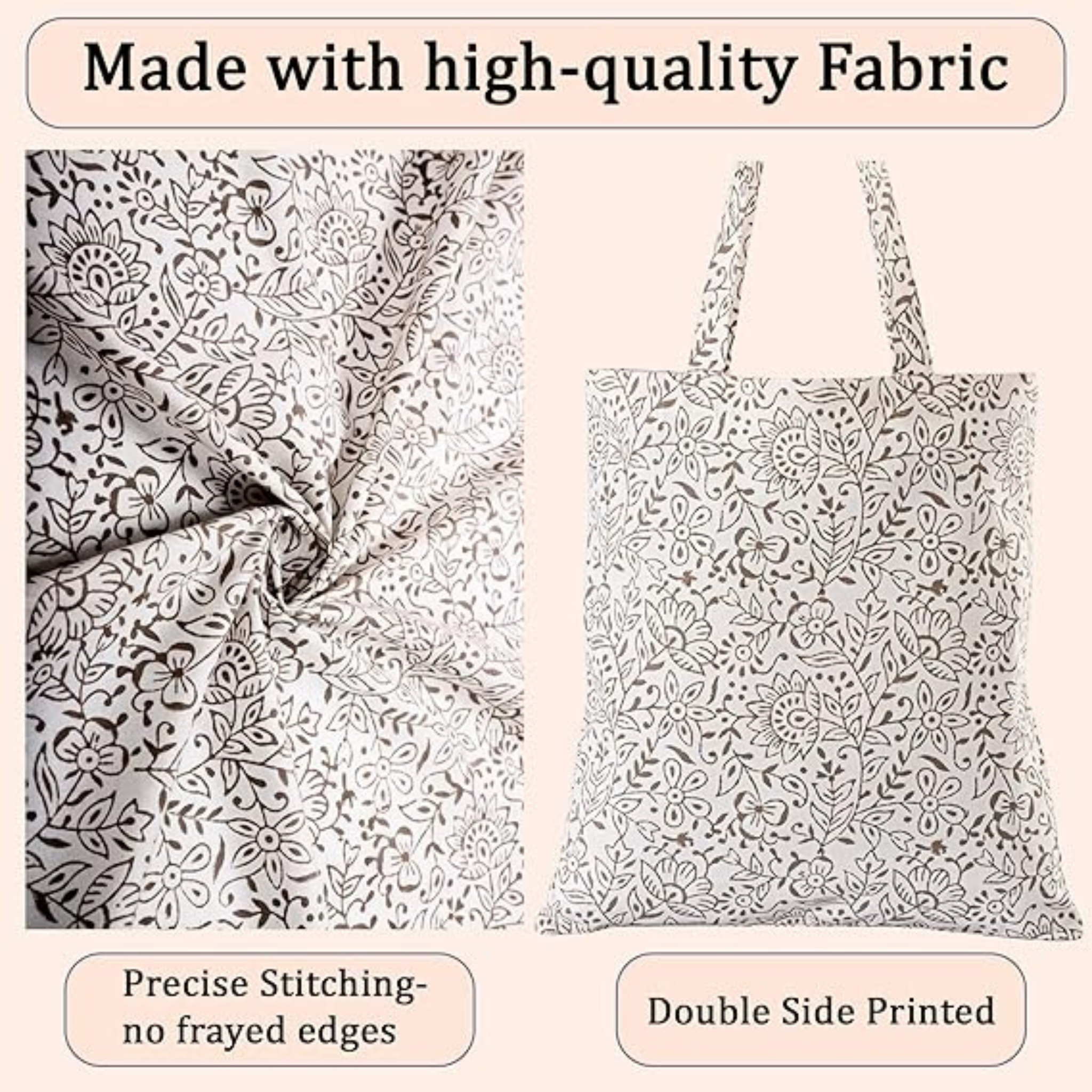 High-quality fabric with a patterned tote bag, highlighting features like precise stitching and double-side printing.
