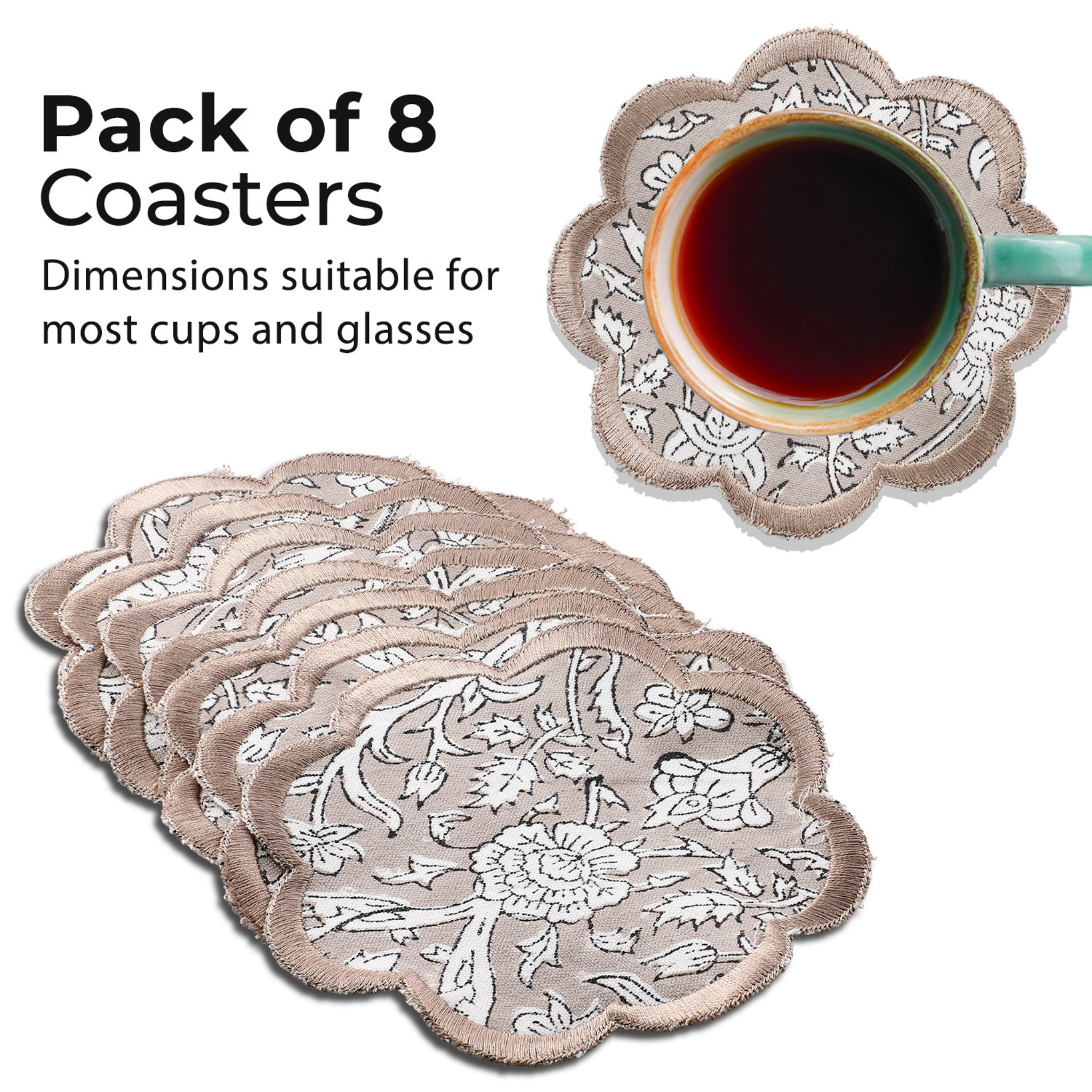 Pack of 8 floral coasters with a cup of tea on a white background