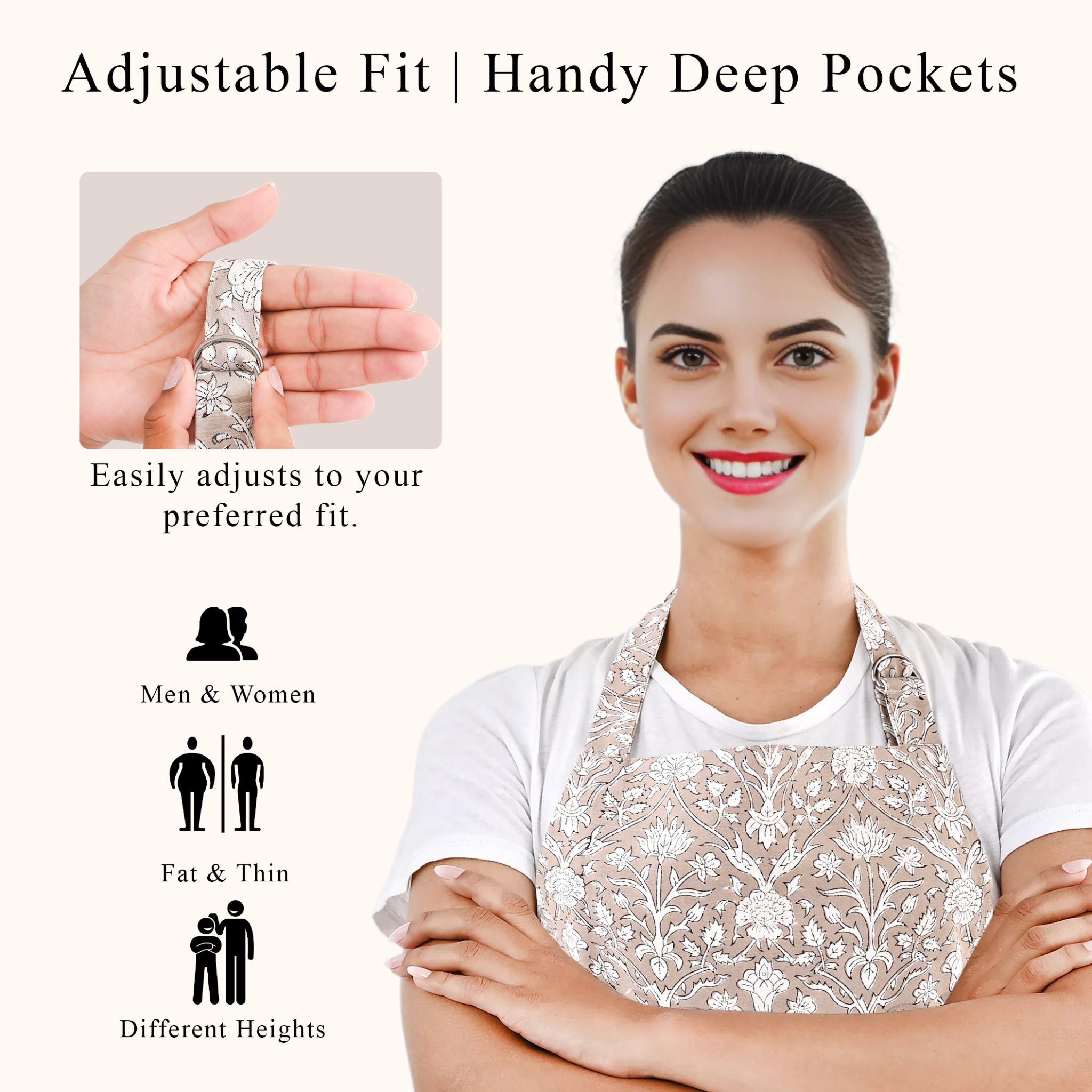 Woman wearing a floral apron with text highlighting adjustable fit and deep pockets.