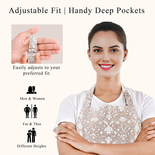 Woman wearing a floral apron with text highlighting adjustable fit and deep pockets.