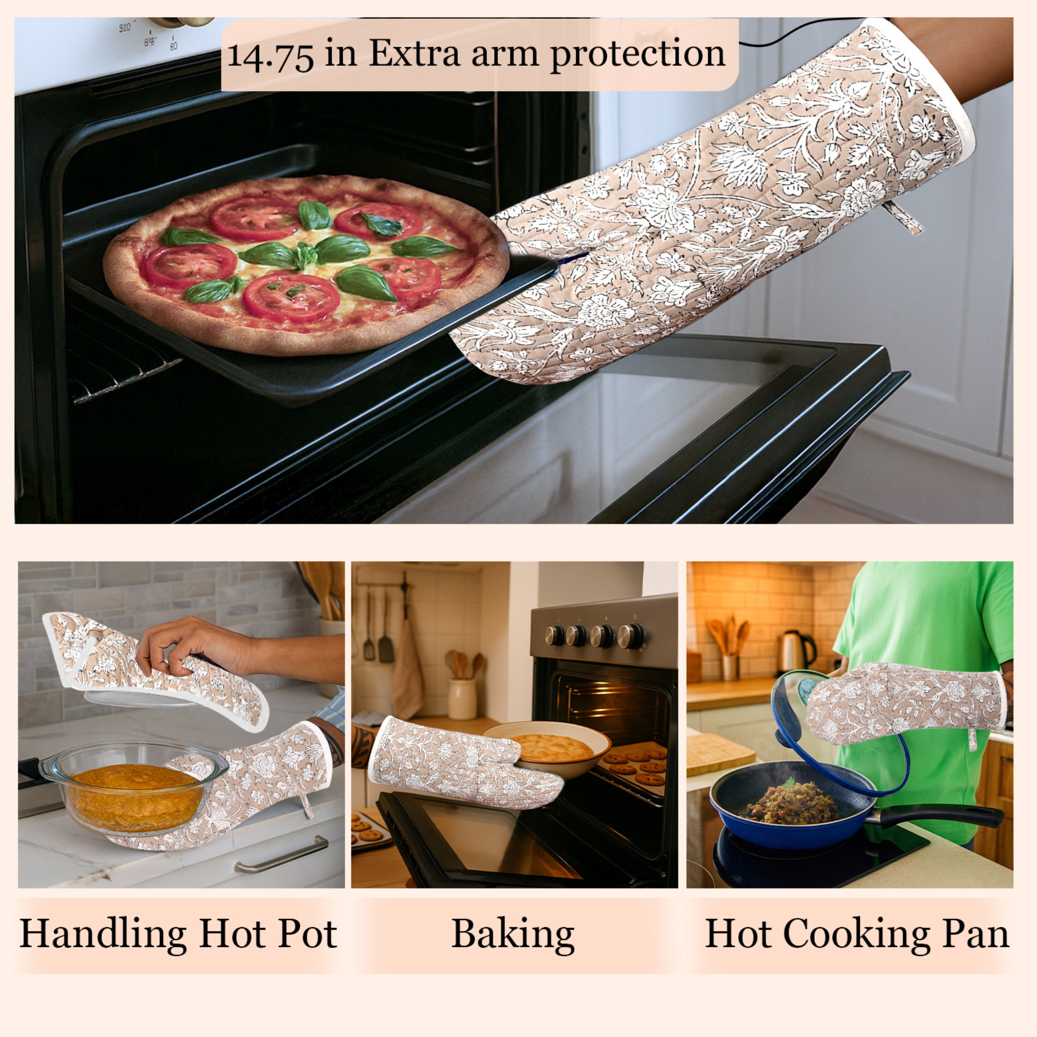 Oven mitts being used to handle hot pot, bake pizza, and cook pan with text on arm protection.