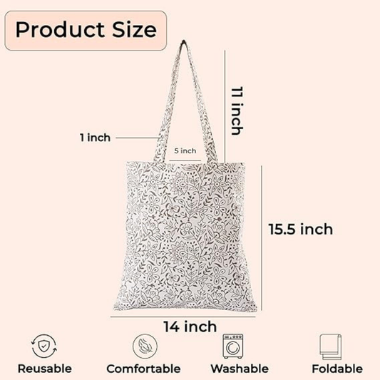 Floral-patterned tote bag with measurements on a light pink background