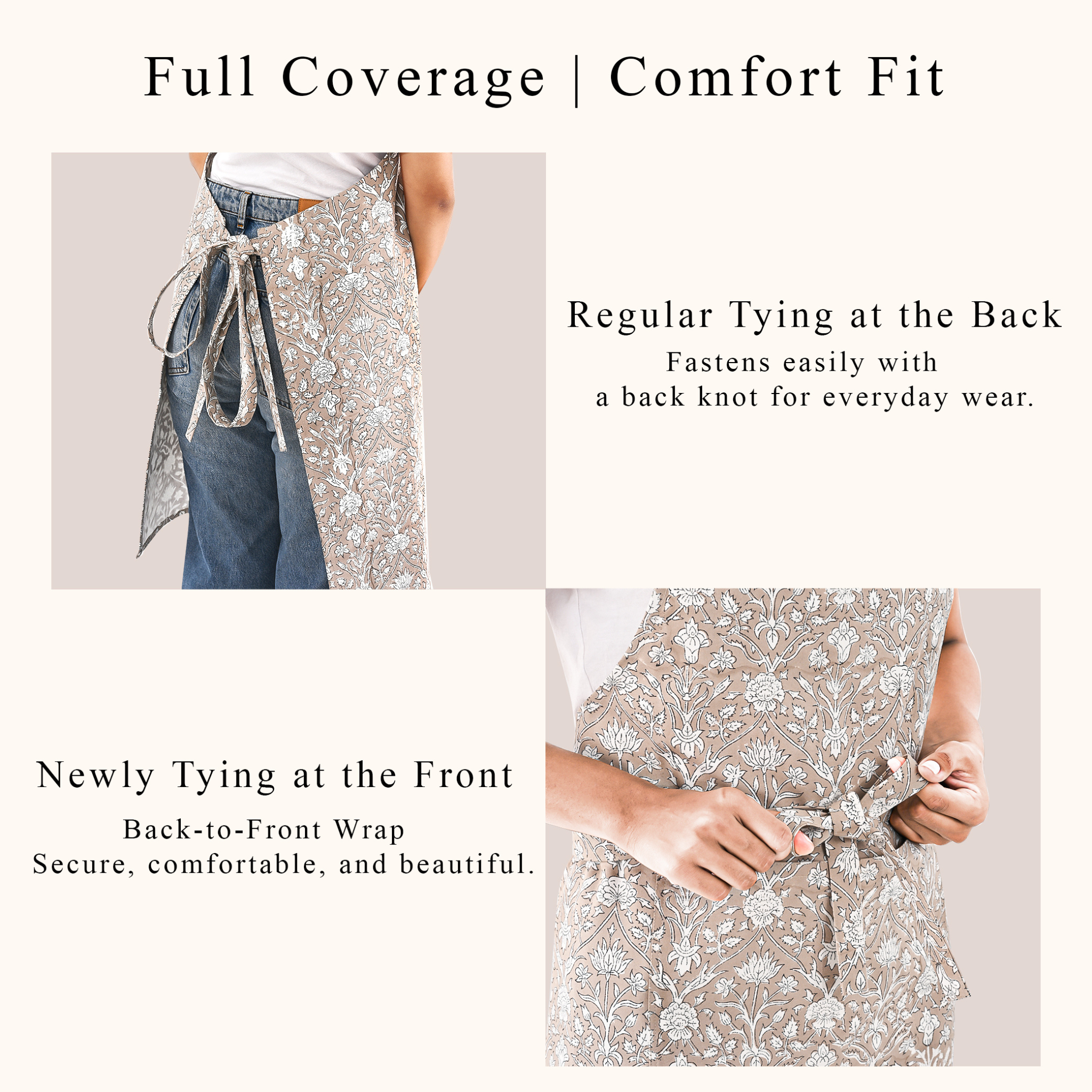 Product with text on full coverage and comfort fit, featuring a back tie and front wrap method.