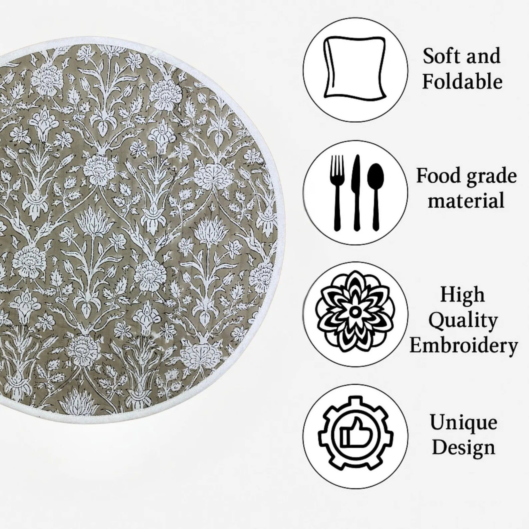 Round placemat with floral pattern and features listed on a white background