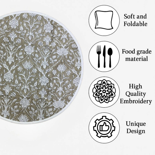 Round placemat with floral pattern and features listed on a white background