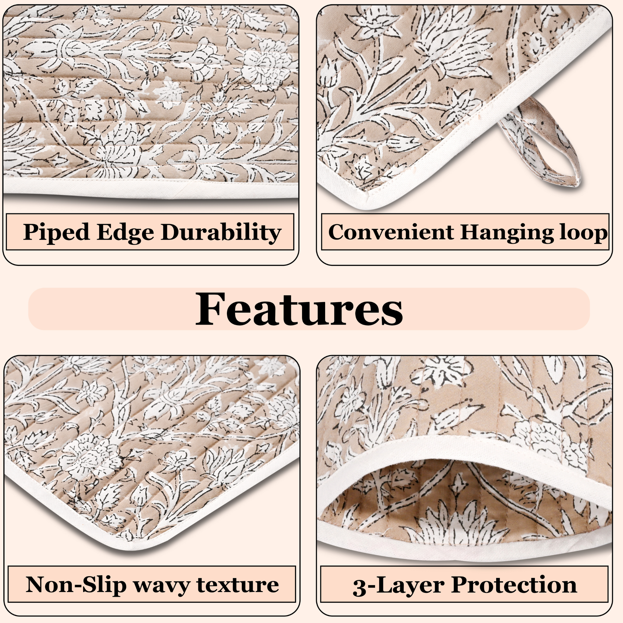 Product features with text labels on a beige background