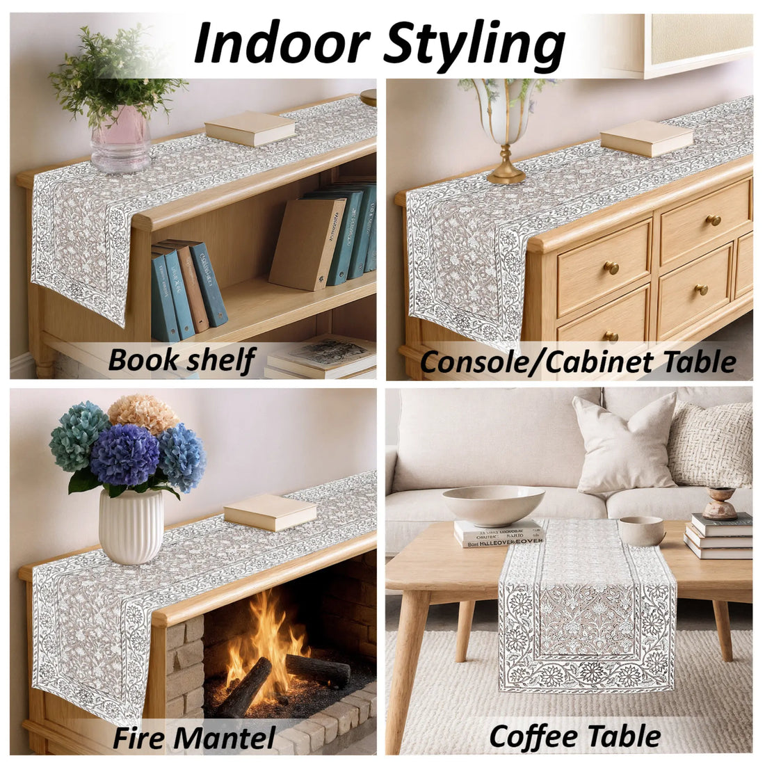 Table runner used on bookshelf, console table, fire mantel, and coffee table with decorative items.