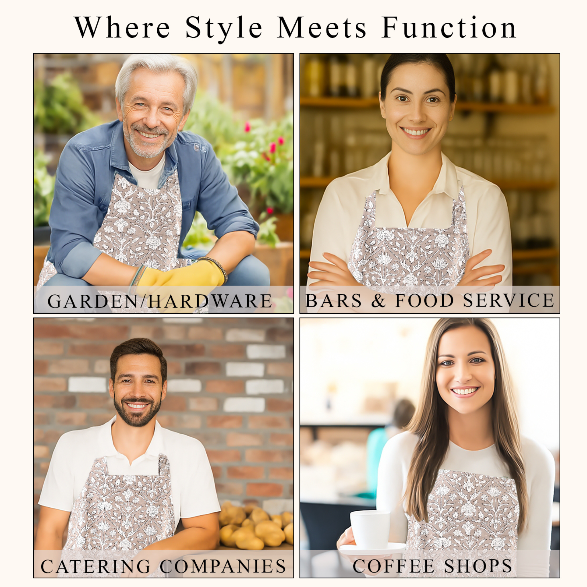 Four people wearing aprons in different settings with text indicating their industries.