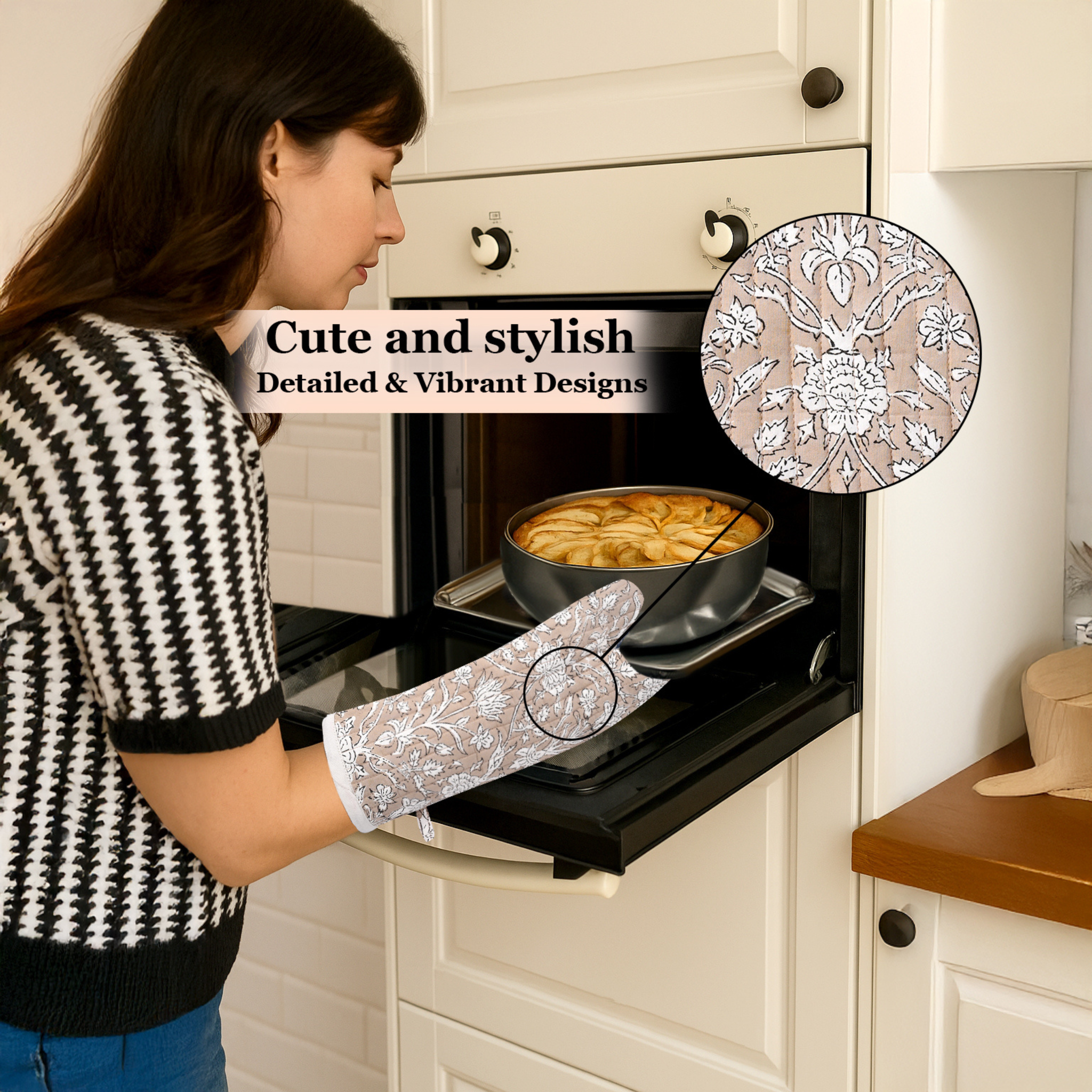 Woman in a kitchen wearing an oven mitt, with a close-up of a floral pattern overlay.