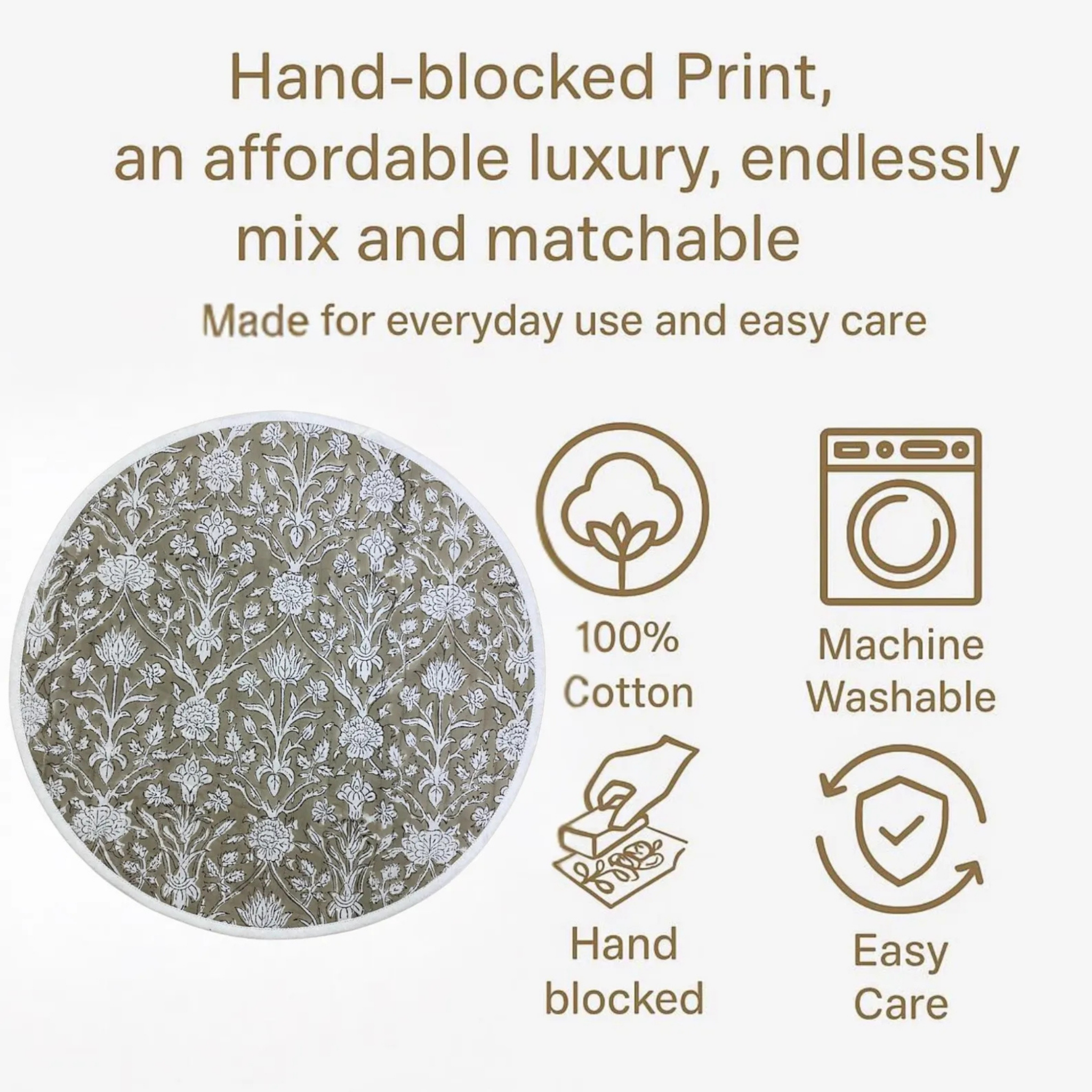 Product description with floral pattern, icons for material, care, and washing.