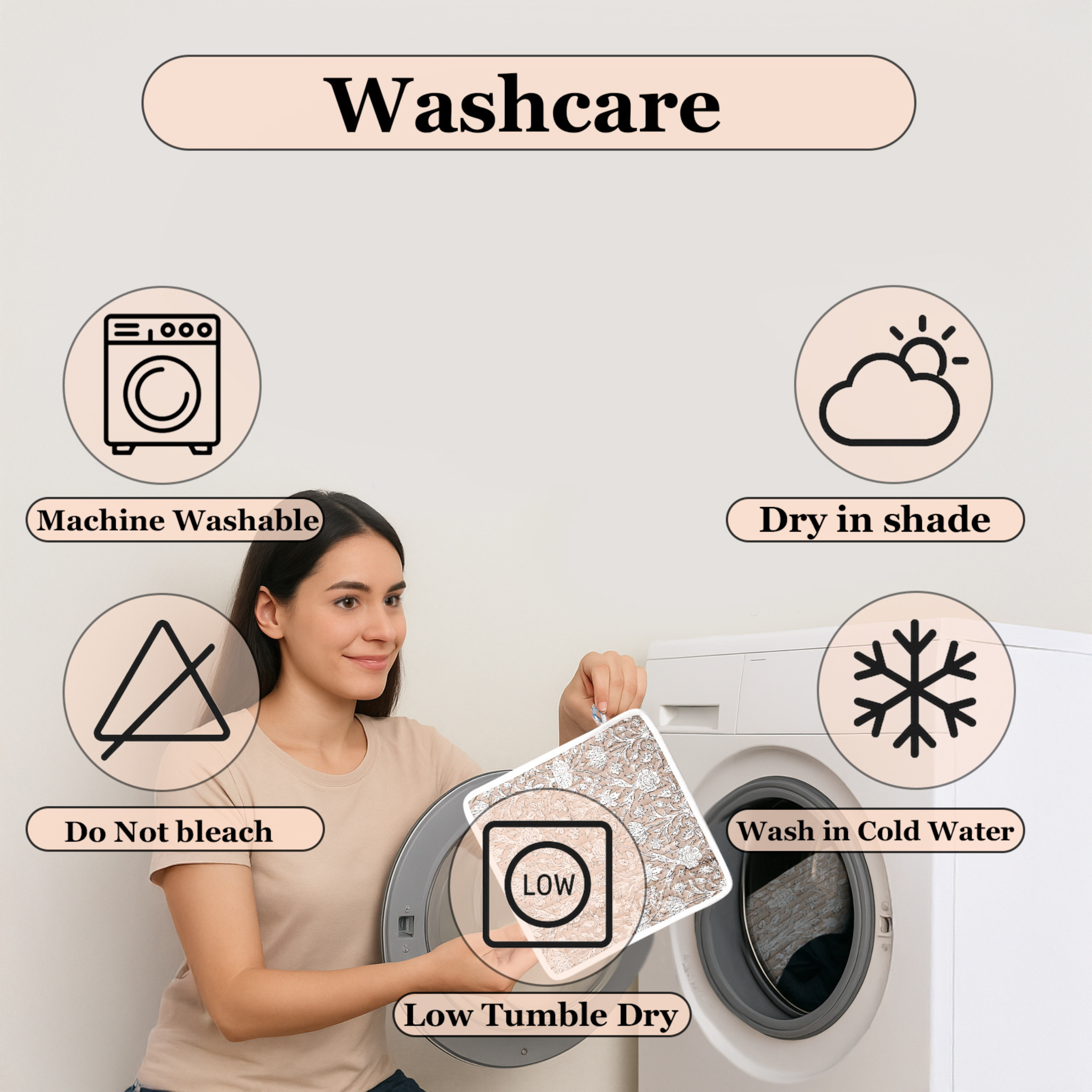 Woman holding a garment with washing care symbols displayed around her.