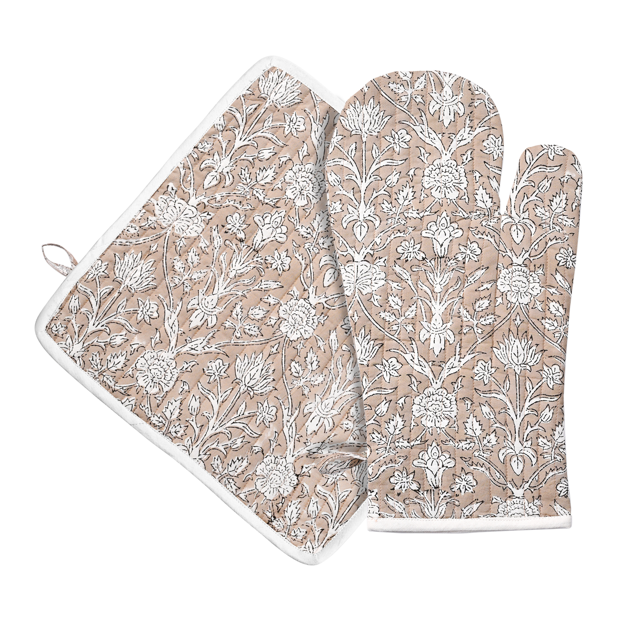 Floral patterned oven mitt and pot holder set on a white background