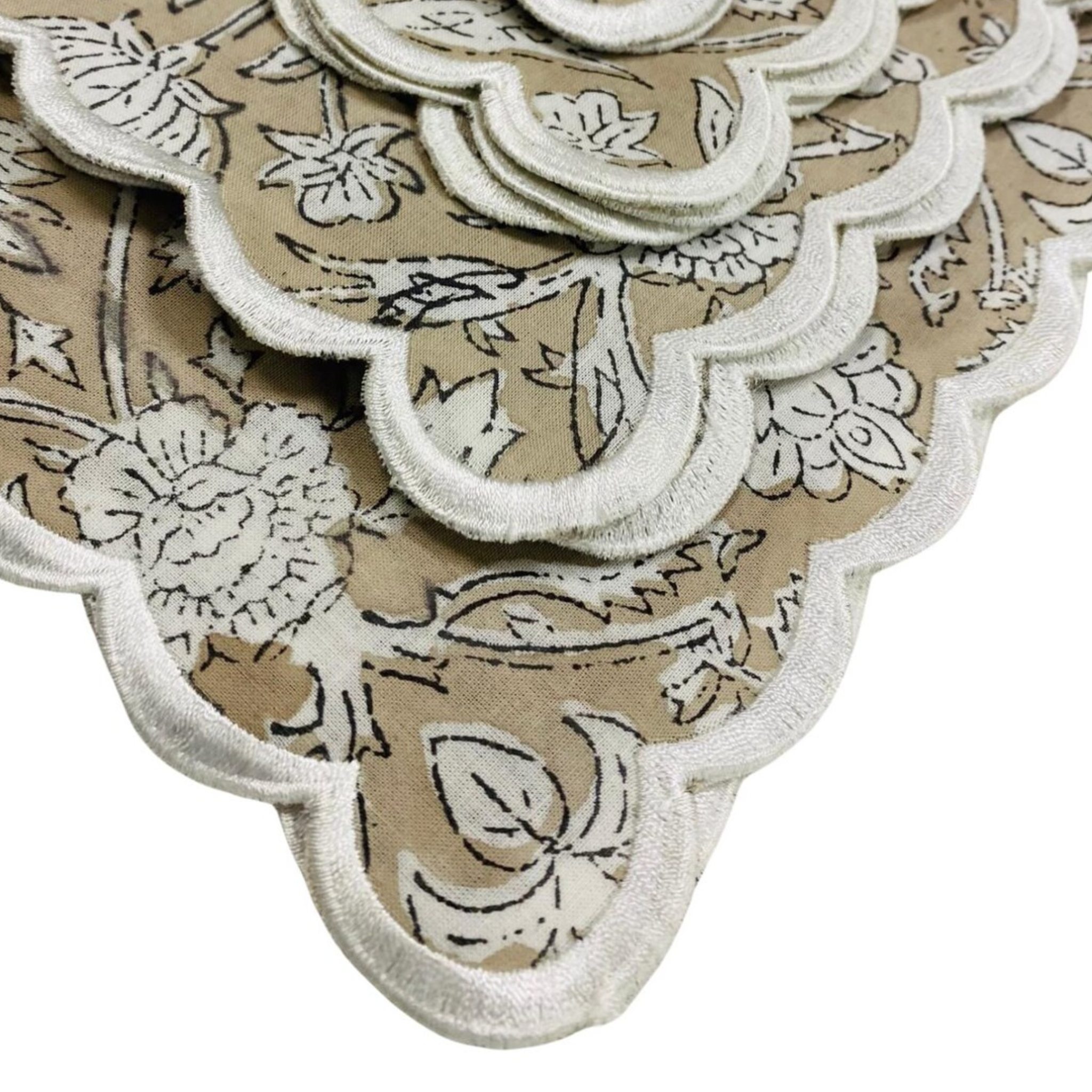 Close-up of a decorative rug with intricate patterns on a beige background