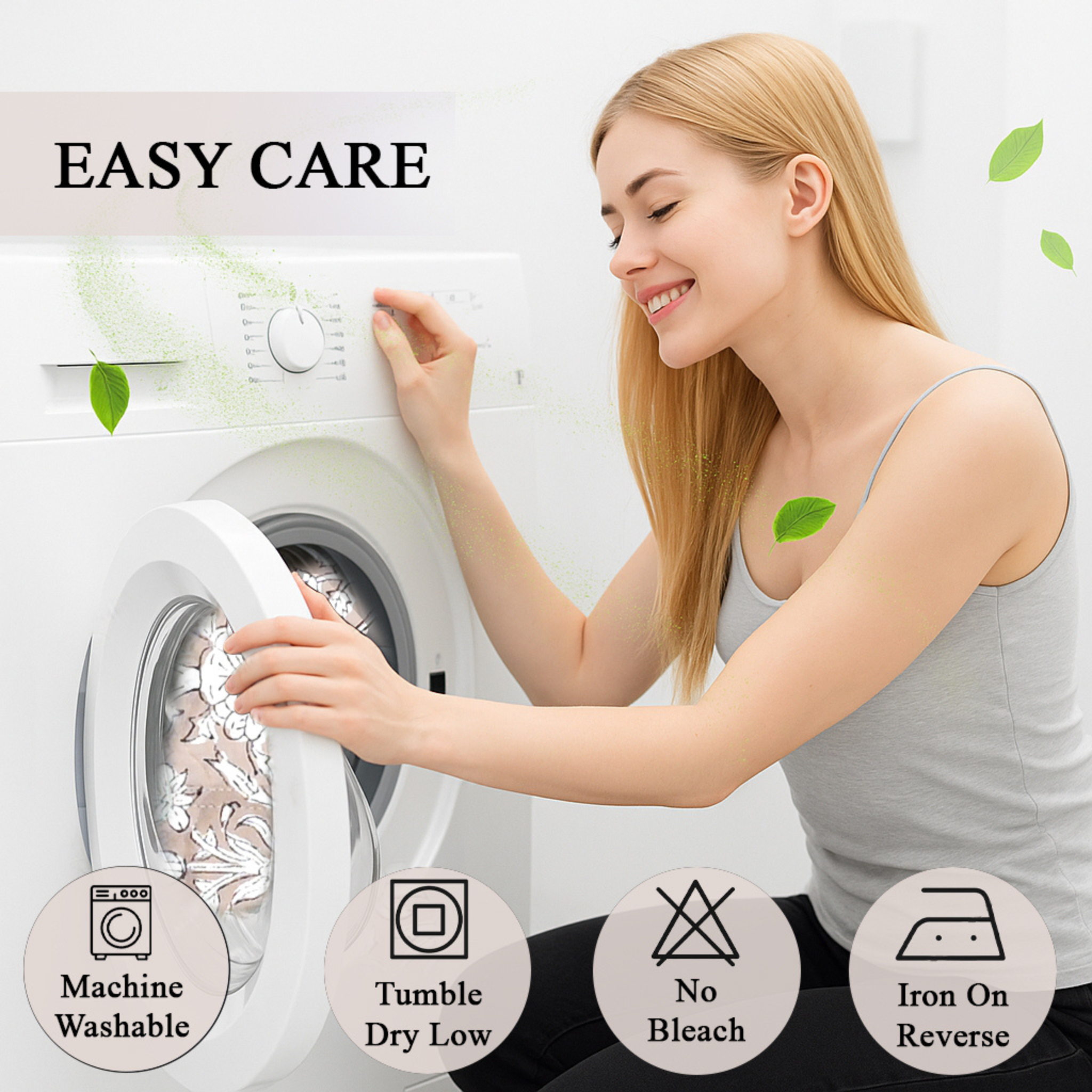 Woman interacting with a washing machine with icons indicating care instructions.