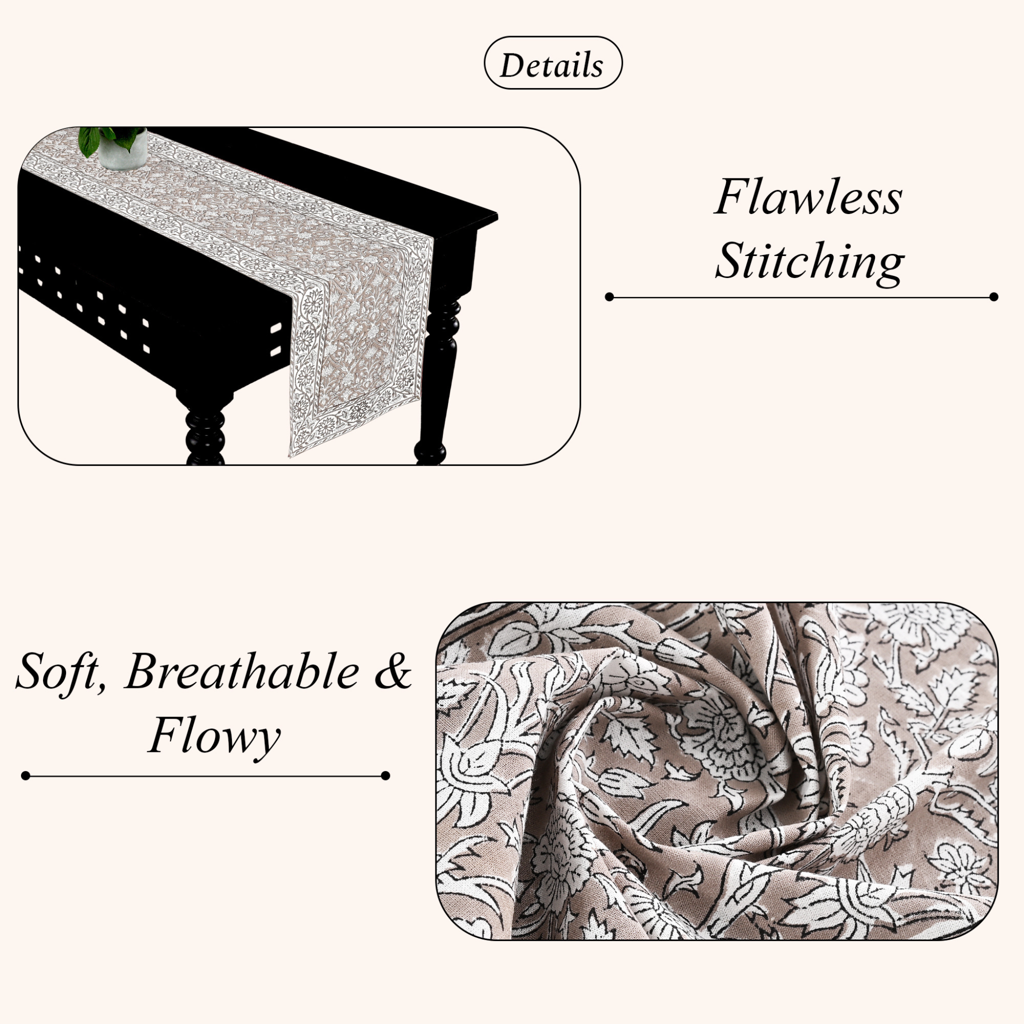 Textured fabric with floral pattern and stitching details on a white background