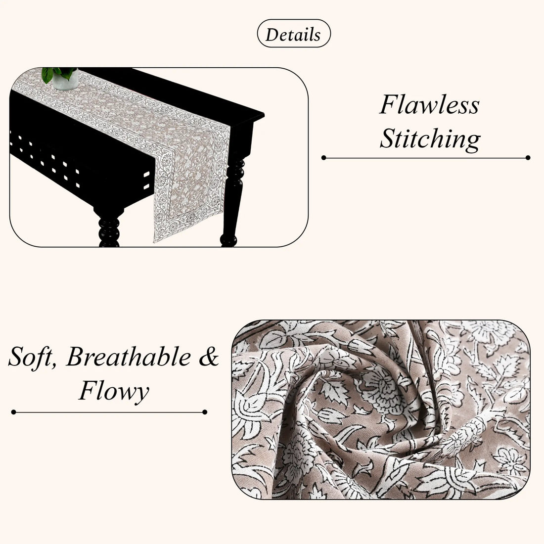 Textured fabric with floral pattern and stitching details on a white background