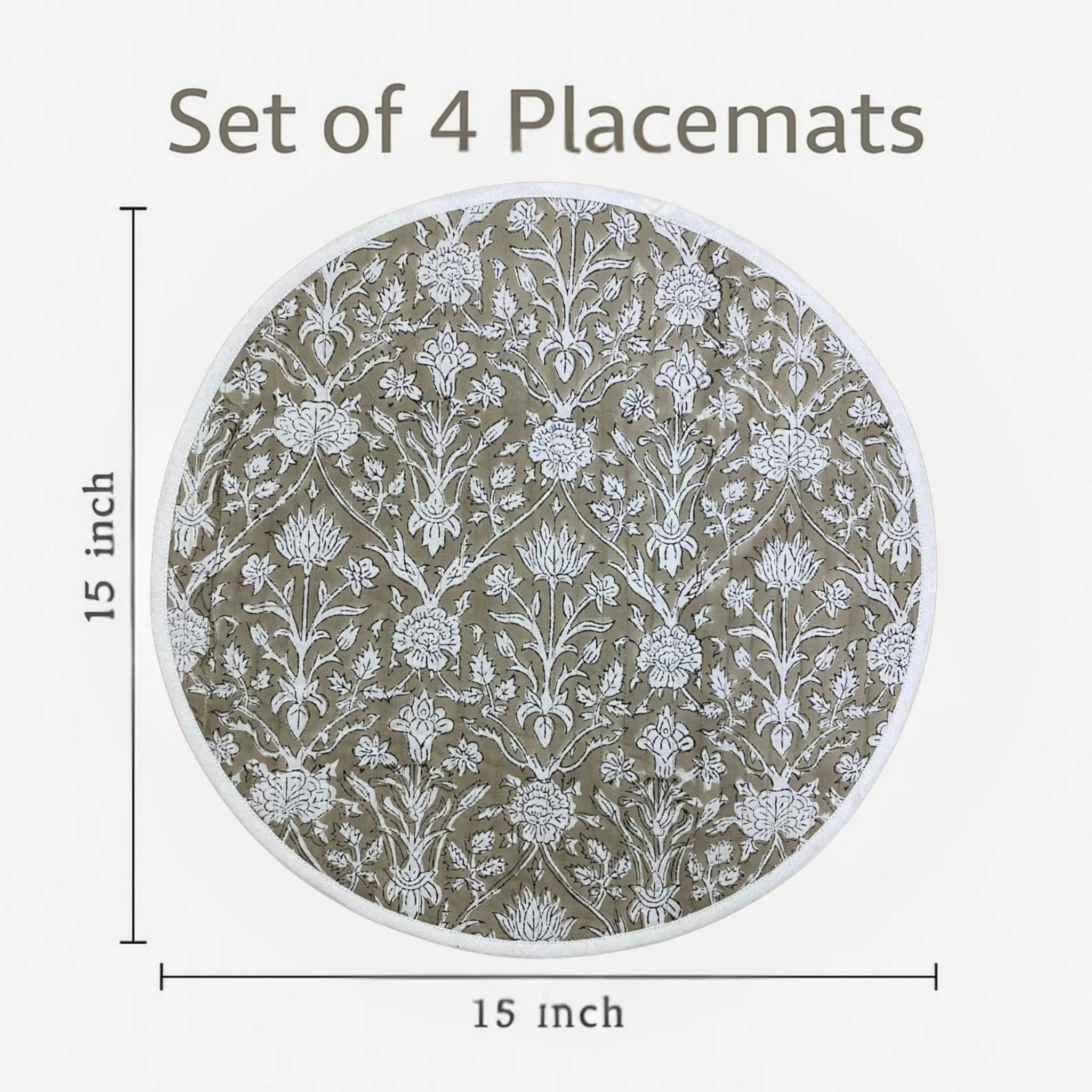 Round placemat with floral pattern and dimensions on a white background
