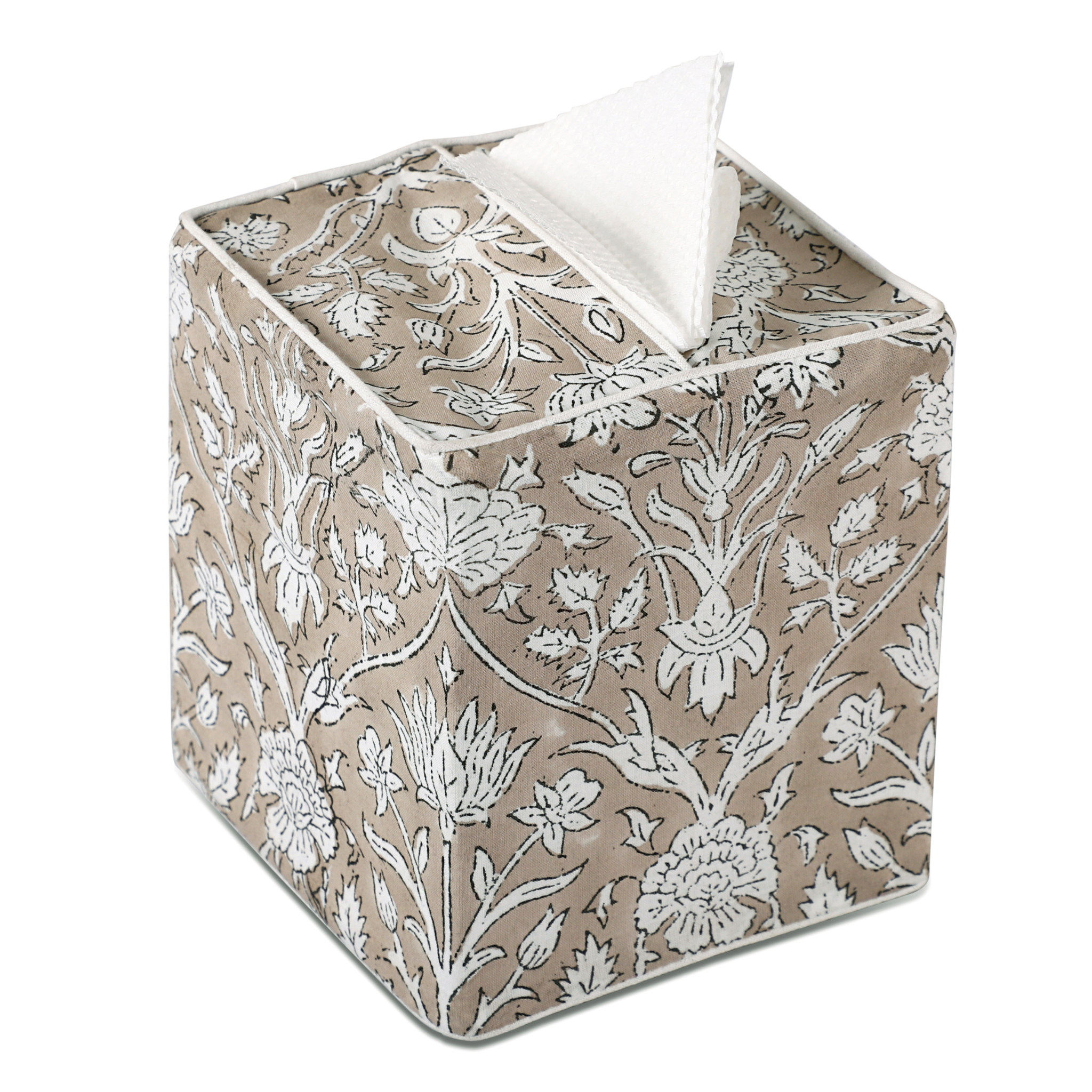 Square tissue box cover with floral pattern on a white background