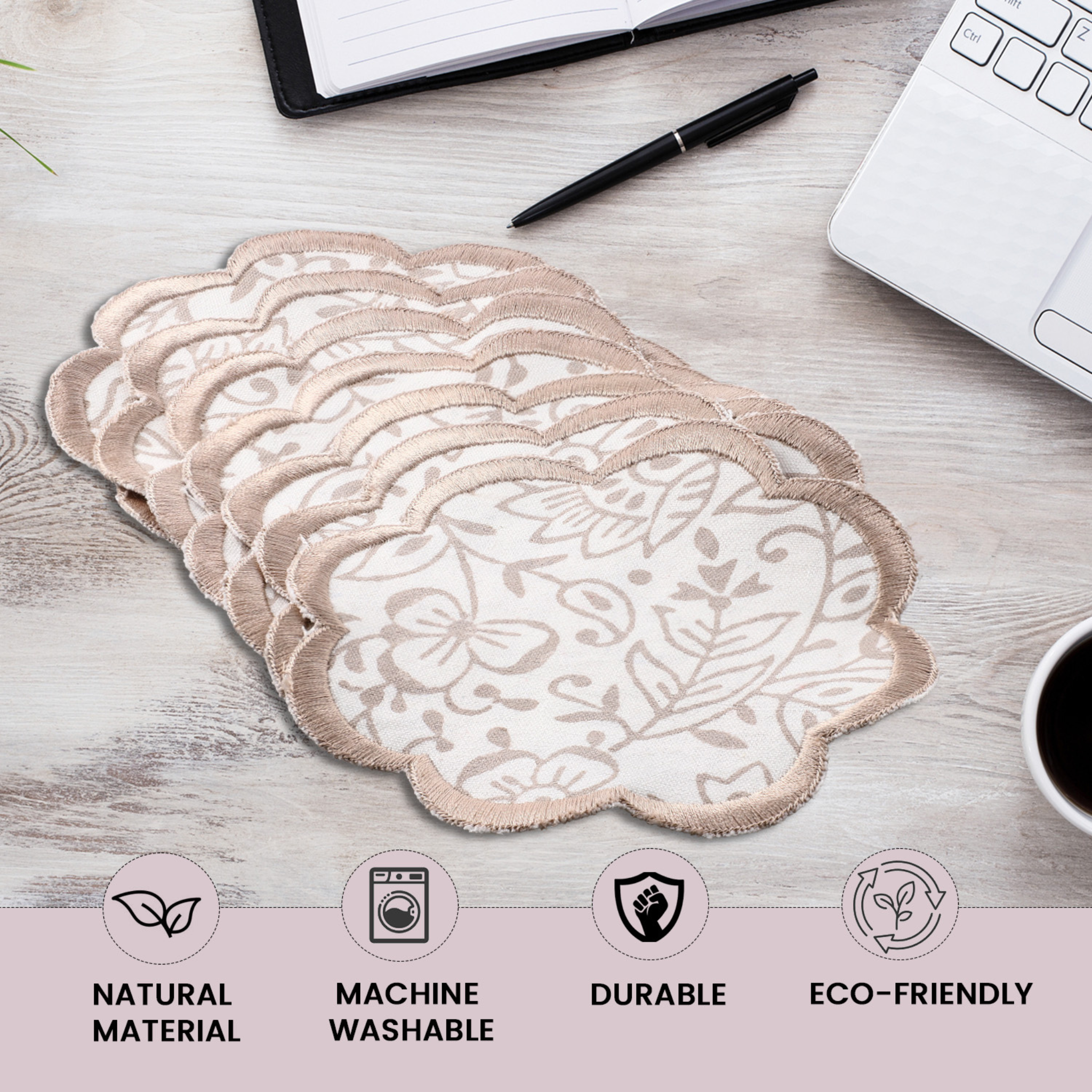 Set of lace coasters on a wooden surface with lifestyle elements and feature icons.
