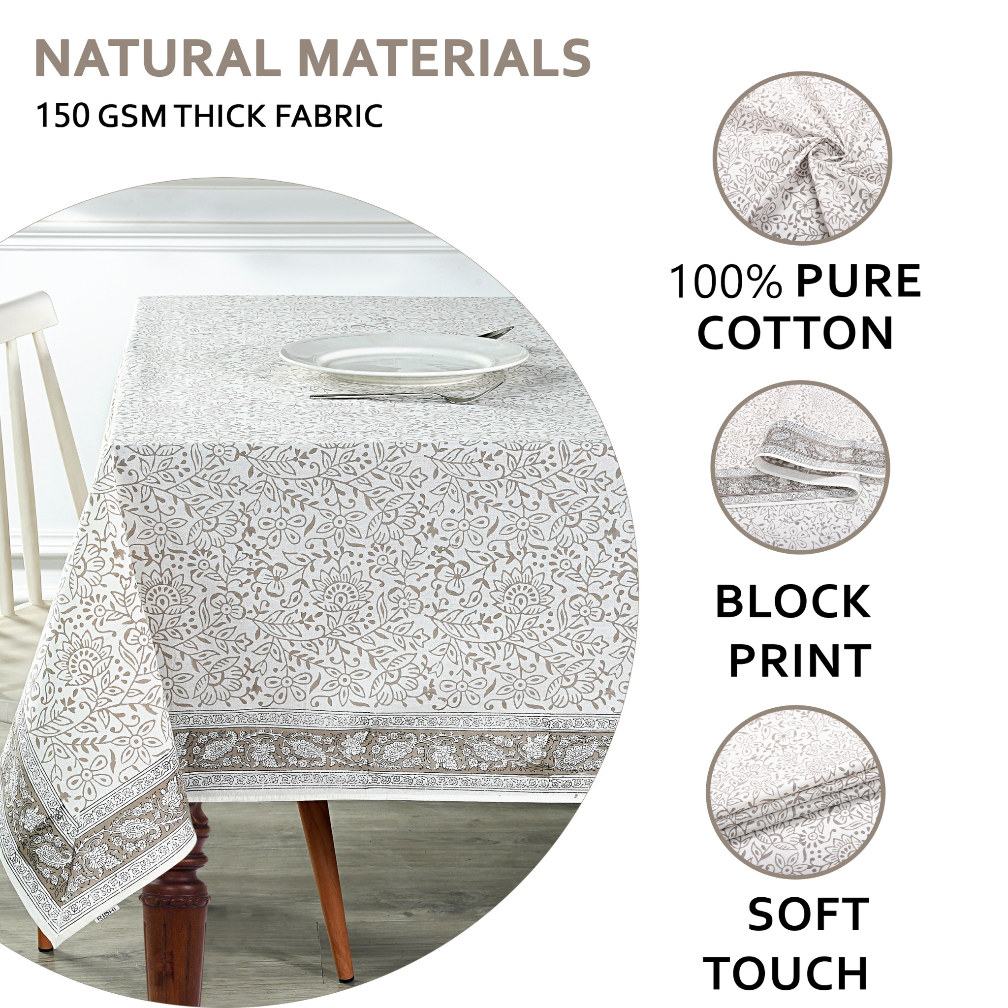 Tablecloth with block print design on a table, featuring natural materials text and product details.