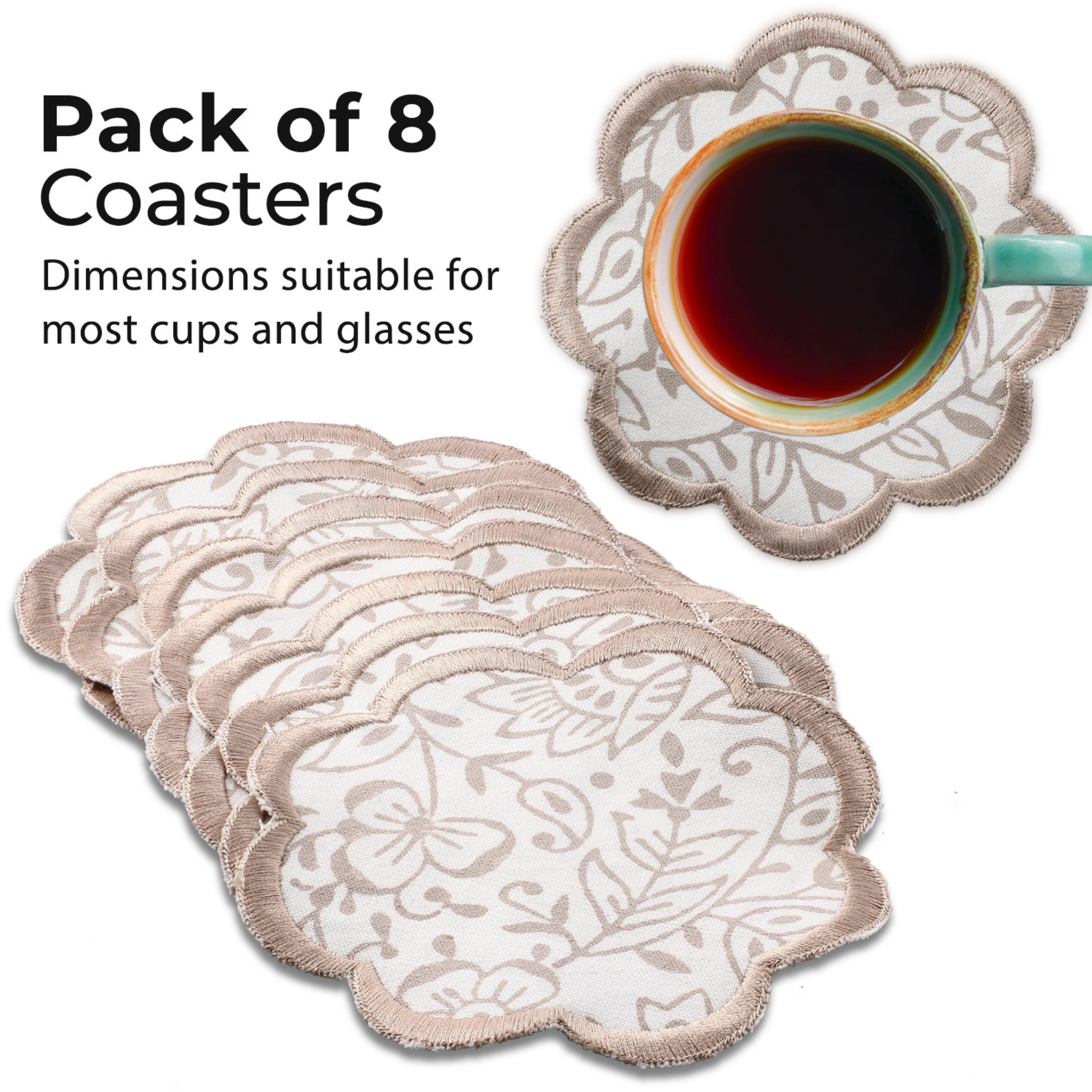 Pack of 8 lace coasters with a cup of tea on one coaster, on a white background.
