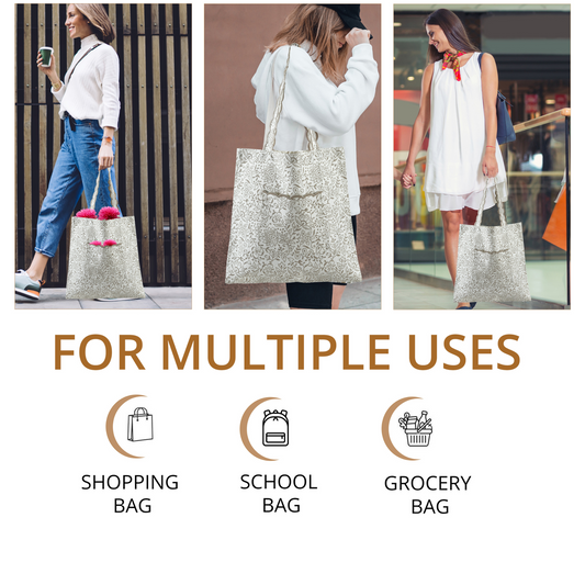 Woman using a reusable bag for shopping, school, and grocery purposes.
