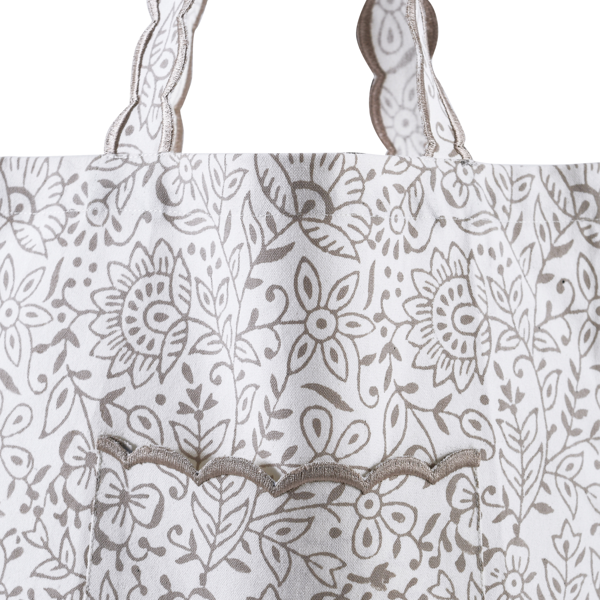 White apron with intricate floral pattern on a white background