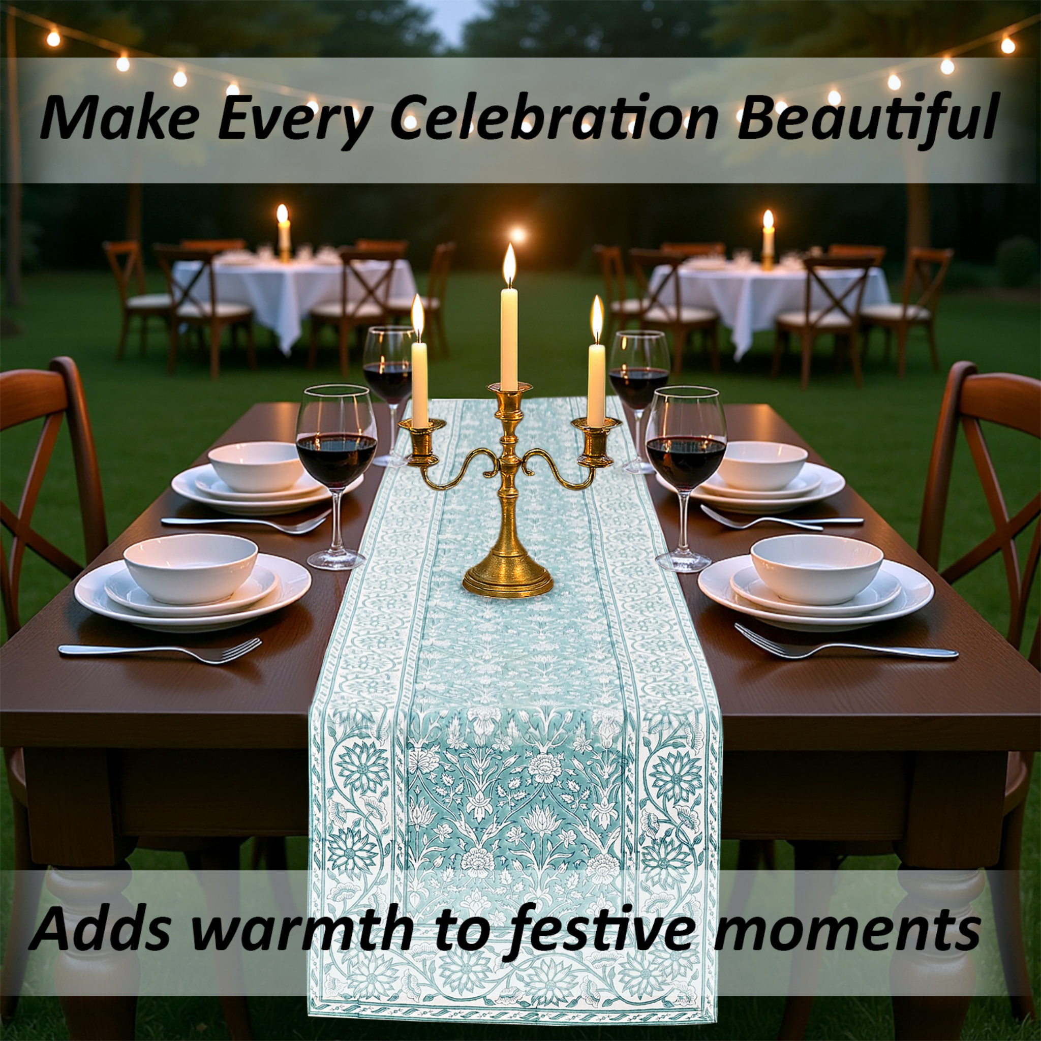 Dining table set with candles and a decorative table runner in an outdoor setting.